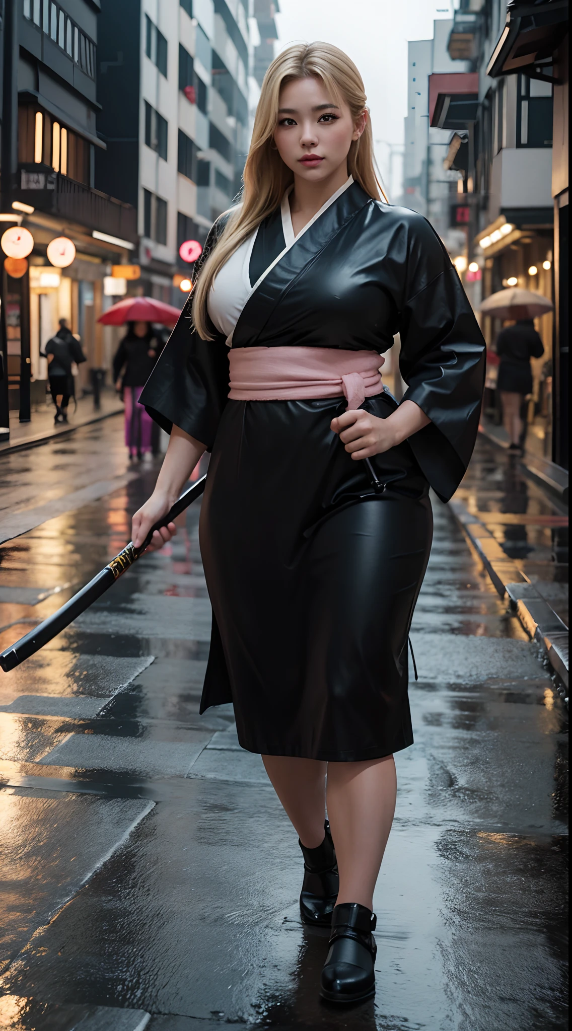 Thick and sweet bodybuilder blonde ninja women so cute and pretty wearing large and long kimono and she carrying katana in street and the wither is rainy highly detailed with hyperrealsim photorealistic ultra quality graphic k