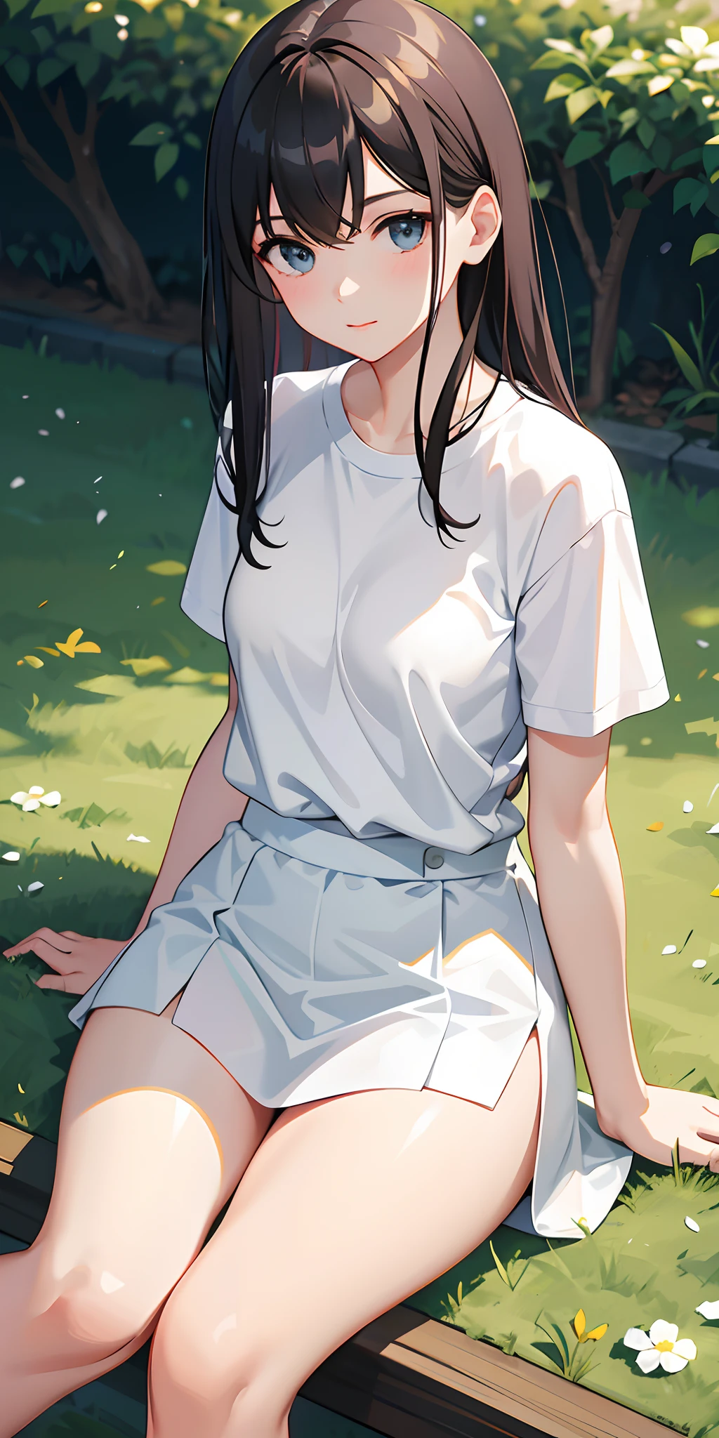 A girl wears a white T-shirt，white under lingerie，exposing thighs，Sit on grass，Perfect hands