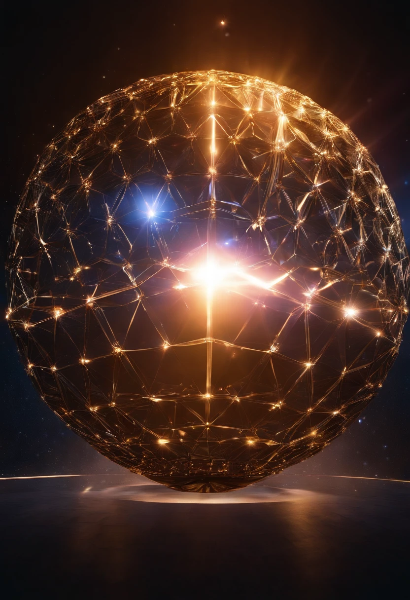 a close up of a star in the middle of a dark room, hexagon lens flares, tesseract, the tesseract, caustics lighting from above, photo of a dyson sphere, singular light source from below, dyson sphere in space, hexagon in front of the sun, energy spheres, light particules, light particles, c 4 d "