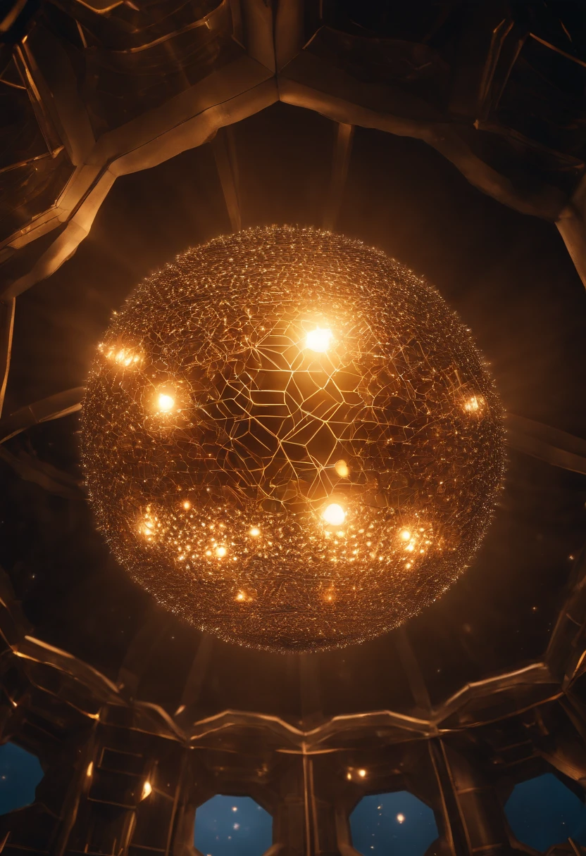 a close up of a star in the middle of a dark room, hexagon lens flares, tesseract, the tesseract, caustics lighting from above, photo of a dyson sphere, singular light source from below, dyson sphere in space, hexagon in front of the sun, energy spheres, light particules, light particles, c 4 d "