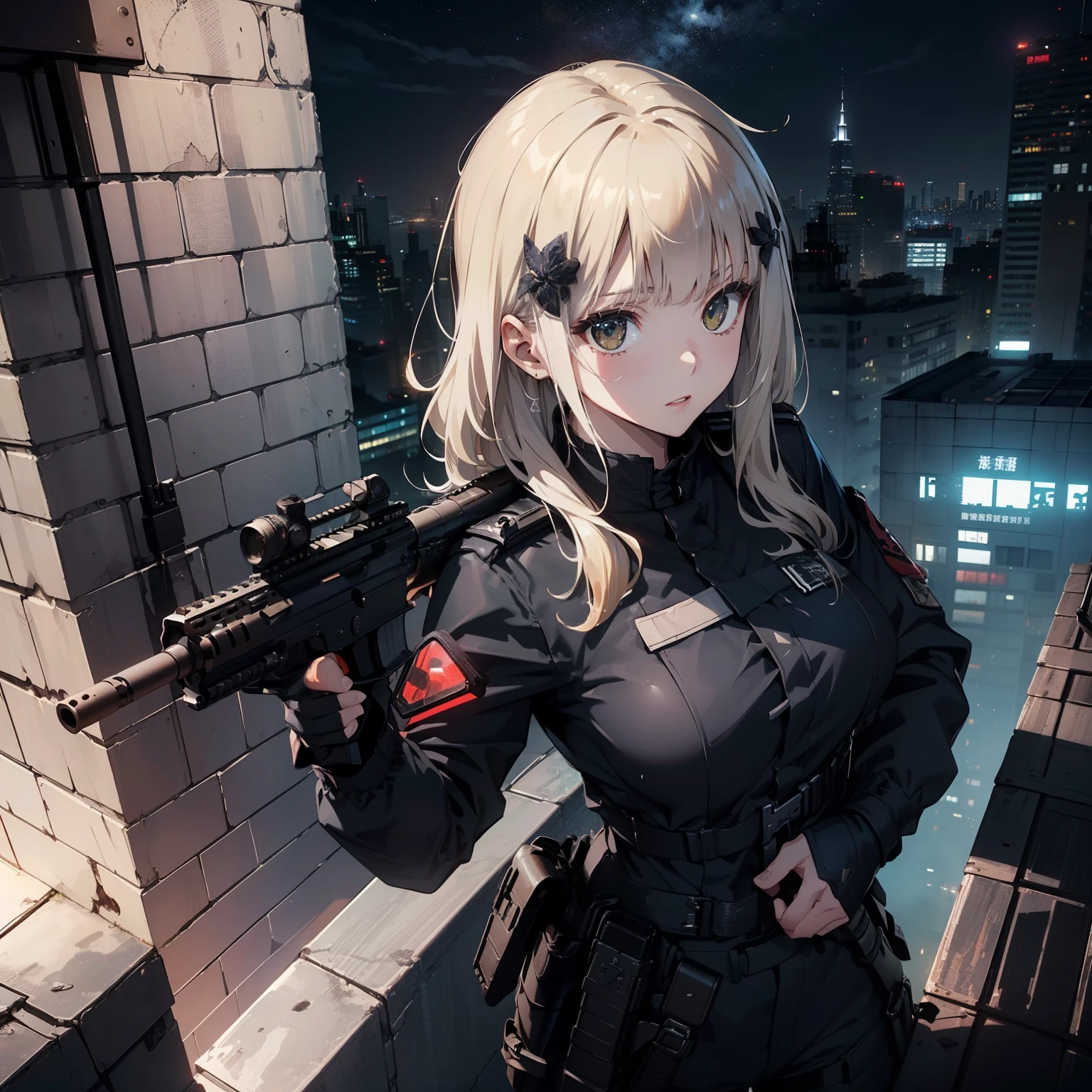 (Trained female soldiers)、((Holding weapons、holding rifle、aim、aim、fire:1.4、guns、h&K HK416))、1 Women、thick body、(Black combat uniform)、(platinum-blonde-hair:1.2)、((超A high resolution))、Detail Write、​masterpiece、top-quality、extremely details CG、8K picture quality、Cinematographic lighting、lensflare、(Skyscraper rooftop at night:1.4)、Hyper-detailing、((Enlarge bust shots:1.4))、Detailed firearm depiction、Rifle with perfect detail、Perfect barrel that does not distort、Fighter in the sky、Military drones