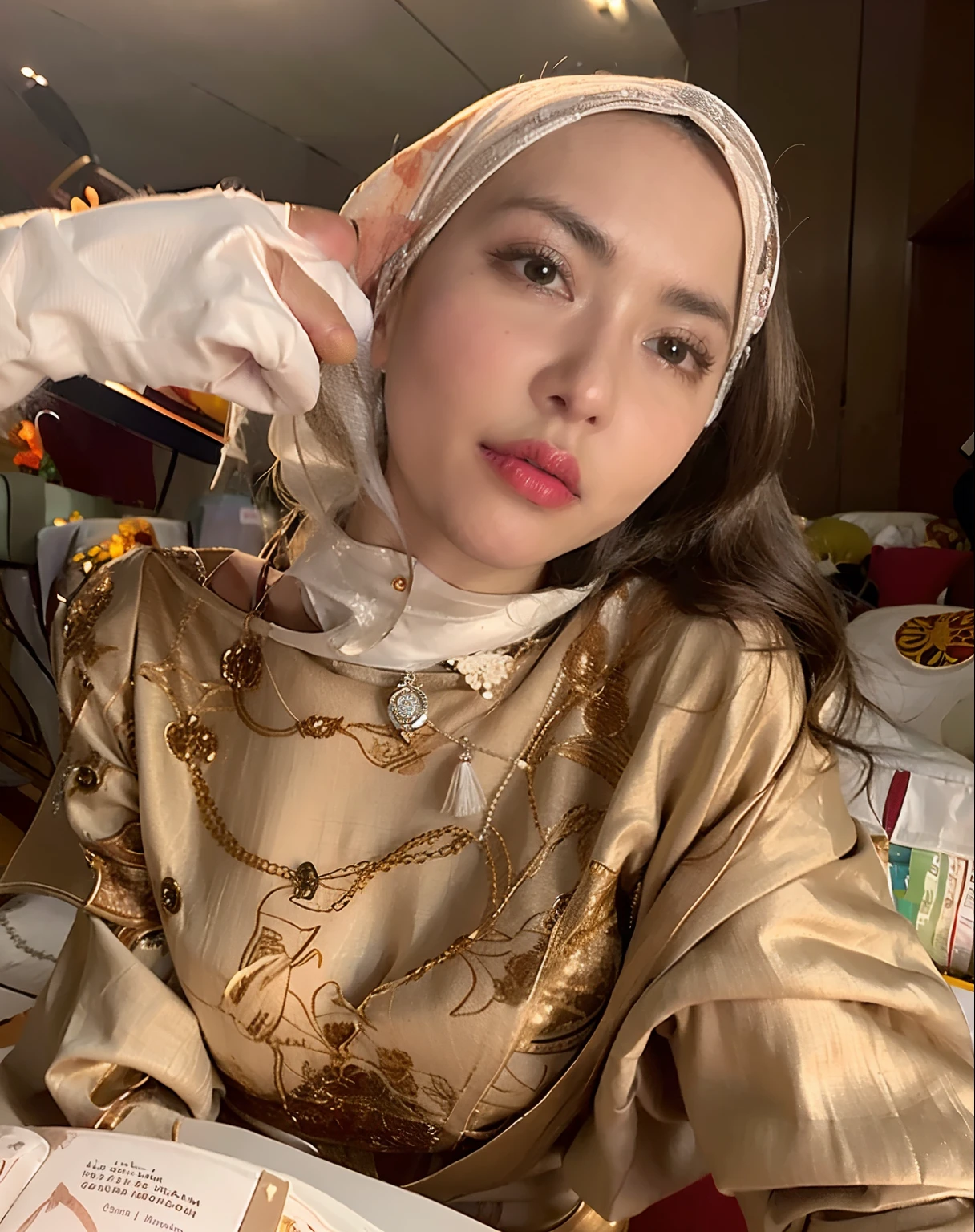 a most beautiful Chinese woman named Tiaw Li Yin with a pair of glasses with beautiful cheeks wears deer turtleneck zentai unitard catsuit covered with spots.She always wear deer  dancewear hijab.