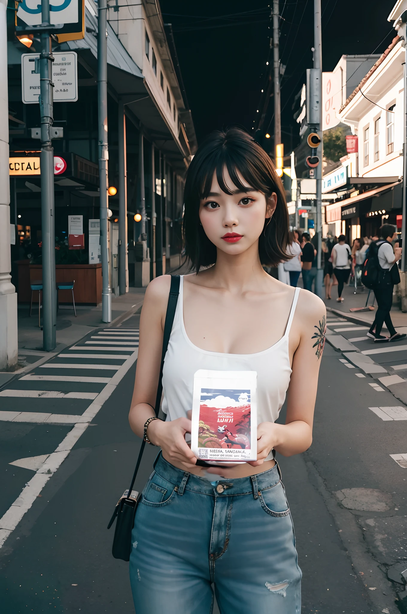 Cute germany woman in white top holding a book on a city street, of Balinese girl with dragon tattoos, lofi girl, beautiful european woman, she is holding something,  fashion model, photo of petite girl model, collosal petite hottie chest girl with tshirt,  Analog photo Hasselblad, we can imagine the tits from tshirt