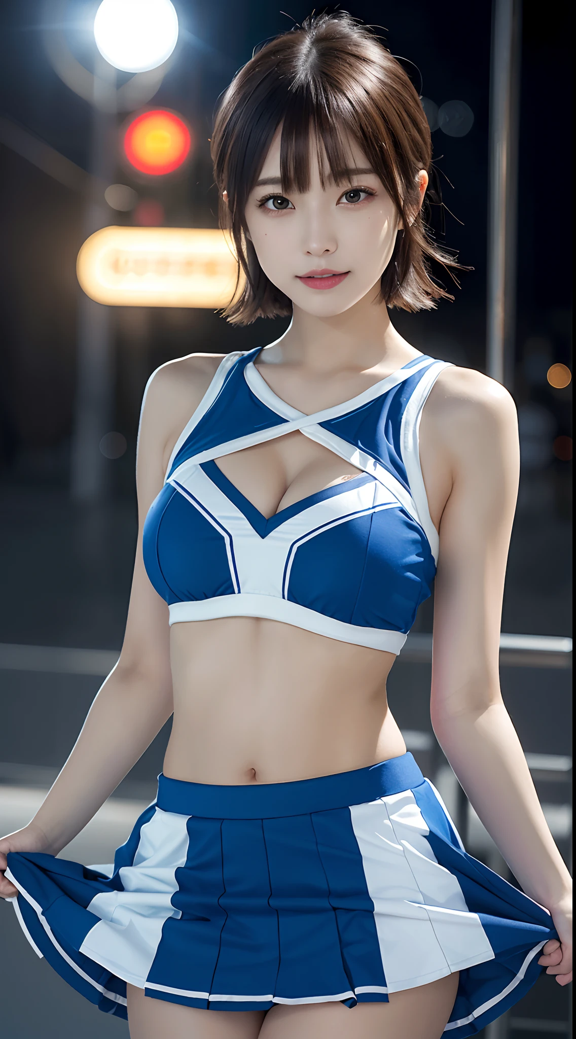 (8K, Raw photo, Best Quality, masutepiece:1.2), (Realistic, Photorealsitic:1.37),1girl in, Professional Lighting, Photon mapping, Radio City, Raw photo、(Photorealsitic:1.4)、Octane number renderin、Complex 3D rendering ultra detail, Studio Soft Light, Rim Lights, vibrant detail, super detailing, realistic skin textures, Detail Face, Beautiful detail eyes, Very detailed CG Unity 16k wallpaper, make - up, (detailedbackground:1.2),Colossal tits、Best Quality, 超A high resolution, masutepiece, 1girl in,Brown-haired hair,(Shorthair), 20yr old,((Blue Cheergirl、cheer leading)), cute  face、((pleatedskirt))、乃木坂アイドル、韓国アイドル、Japan idle