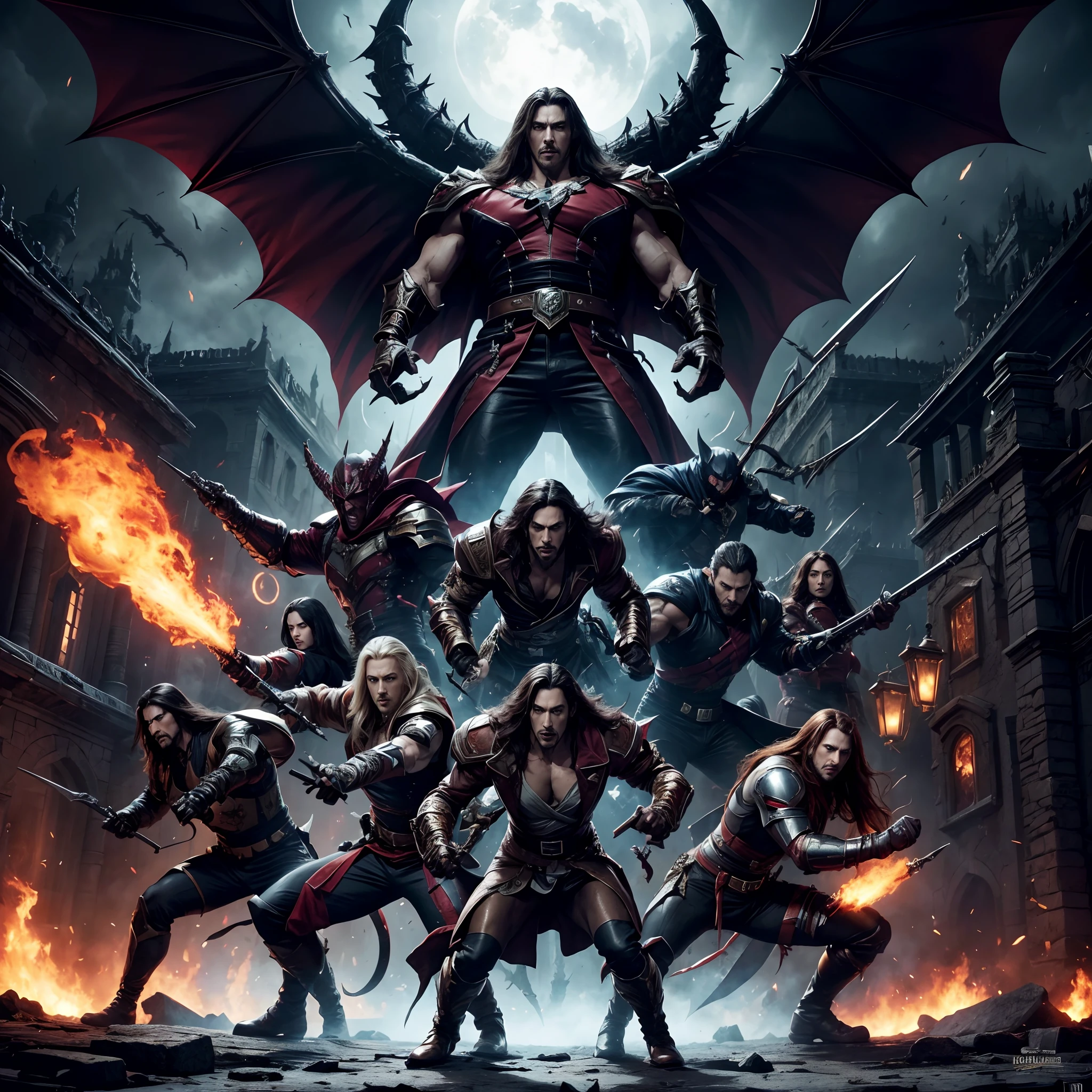 Castlevania Shadow Lord hyper realistic super detailed Dynamic shot masterpiece cinematic scene scenes movie Epic Legendary Lord Dracula leading troops armed with demons in battle marvel comics super detailed style