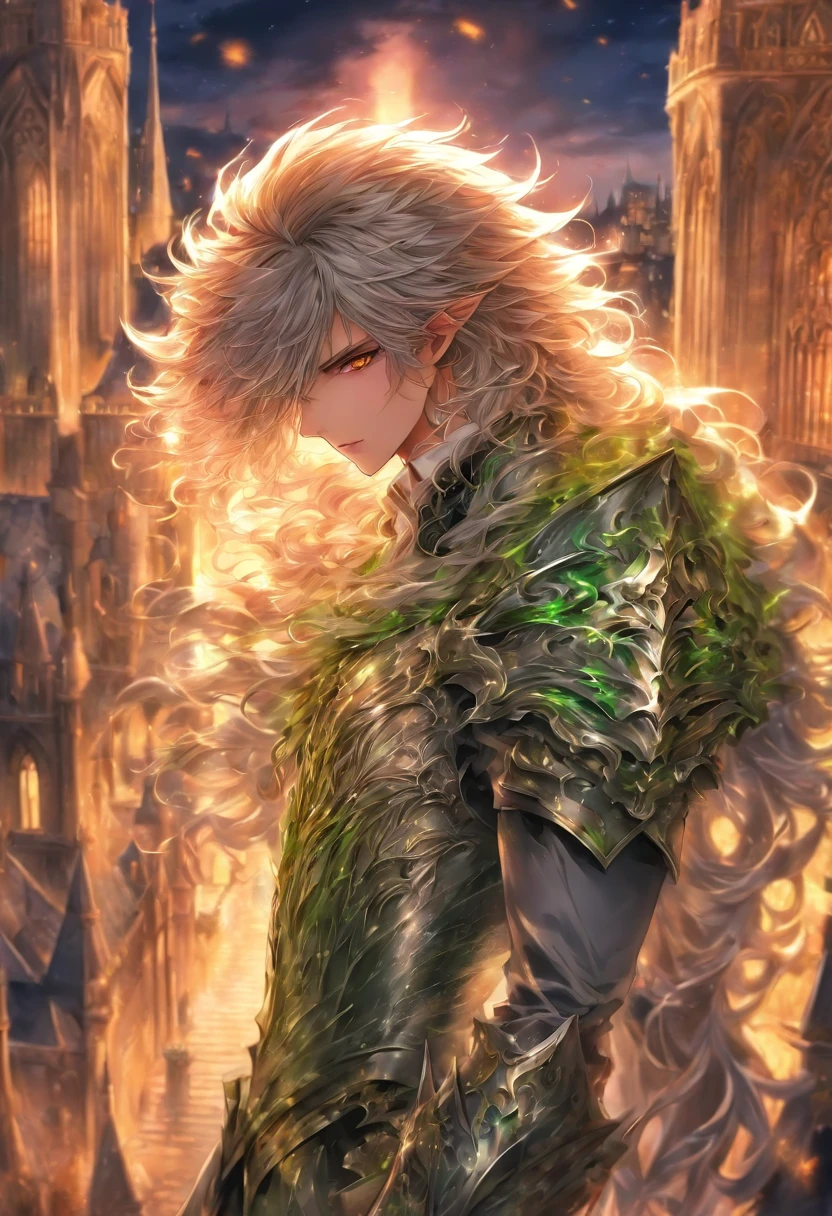 wealthy vampire royalty knight, fullbody silver with gold armor, silver long curly hair with pink highlights, solo, alone, heterochromia eyes ( 1 blue, 1 green), standing, golden crown, looking over a medieval city from the castle balcony