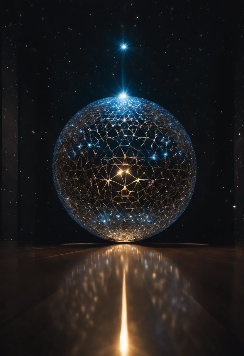 a close up of a star in the middle of a dark room, a digital rendering by Josh Bayer, pexels, light and space, hexagon lens flares, tesseract, the tesseract, caustics lighting from above, photo of a dyson sphere, singular light source from below, dyson sphere in space, hexagon in front of the sun