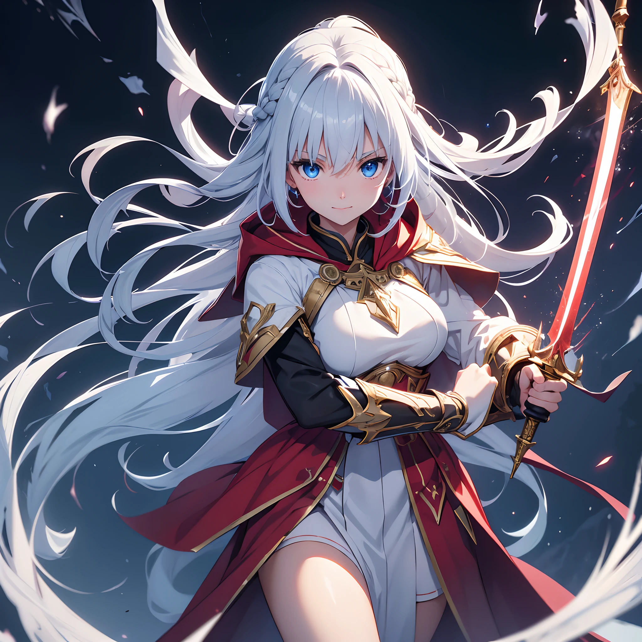 masterpiece、Clear blue eyes、Jet Black Magic Armor、Golden hair、Hair quality that emits a very beautiful light、Grasp the great sword with both hands、Front view、Sword Dance、Kembu、Clean light trail、Afterimage of light remaining after movement、Brilliant Barrier、Pressure on the surroundings、Neat face、Clear smile、thick braid hair、boyish、Solo style、Immaculate world、Red armor is dressed in blue plasma、Hsien-hsien、White Blade Flash、red cloak、Magic clothes with ruffles、Holding the Great Sword、