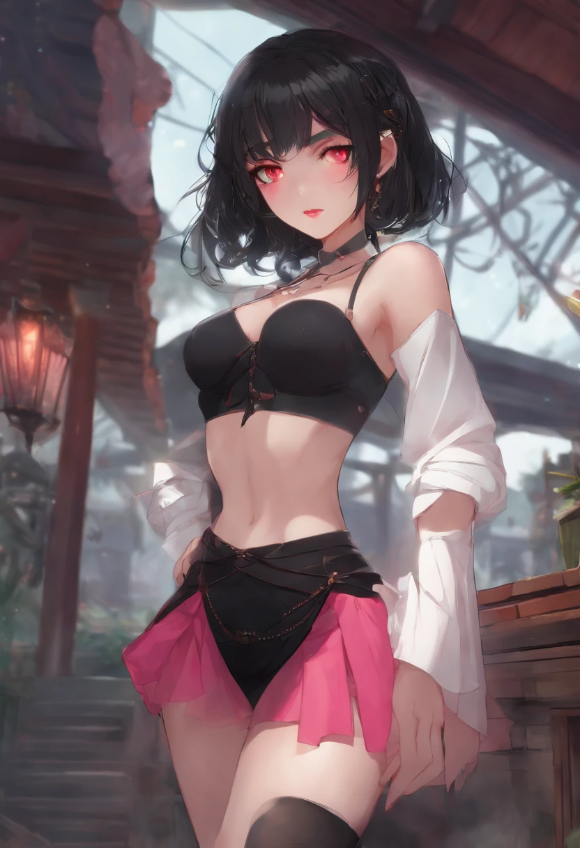 1 girl, red eyes, black hair, mini skirt, no bra, looking at viewer, pink panties