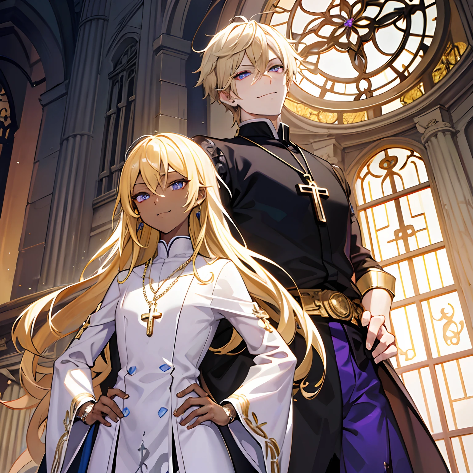 (masutepiece、)独奏、Blonde Man, darkskinned、Wearing large earrings and a cross necklace (Translucent and intricate embroidery) 、There is a smile in his dark eyes, Wearing strange futuristic fashion,、 Luxurious and complex priestly clothing, , Intricately detailed, crafted, meticulous, maximum details, extremely hyper aesthetic,church stained glass、fantastical light、Hands on hips