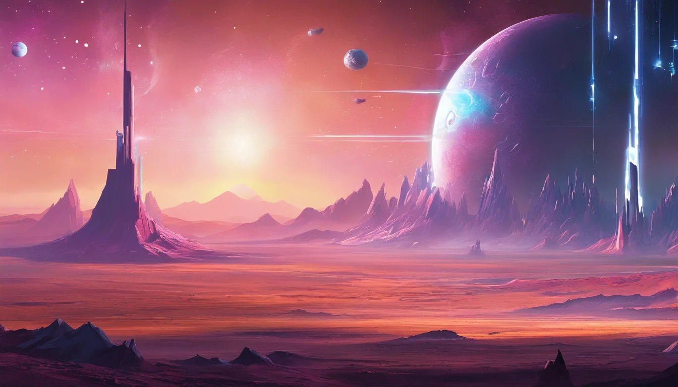Majestic, huge floating crystals casting a mysterious glow on the vastness of the steppe. The distant silhouette of mountain peaks contrasts with the bright glow of an unknown star, the Earth beneath the crystal is mottled with ancient runes that respond to the magic of the crystal. Emphasis on levitating crystals, Development for concept art, gamedev with high attention to detail, ultra high resolution