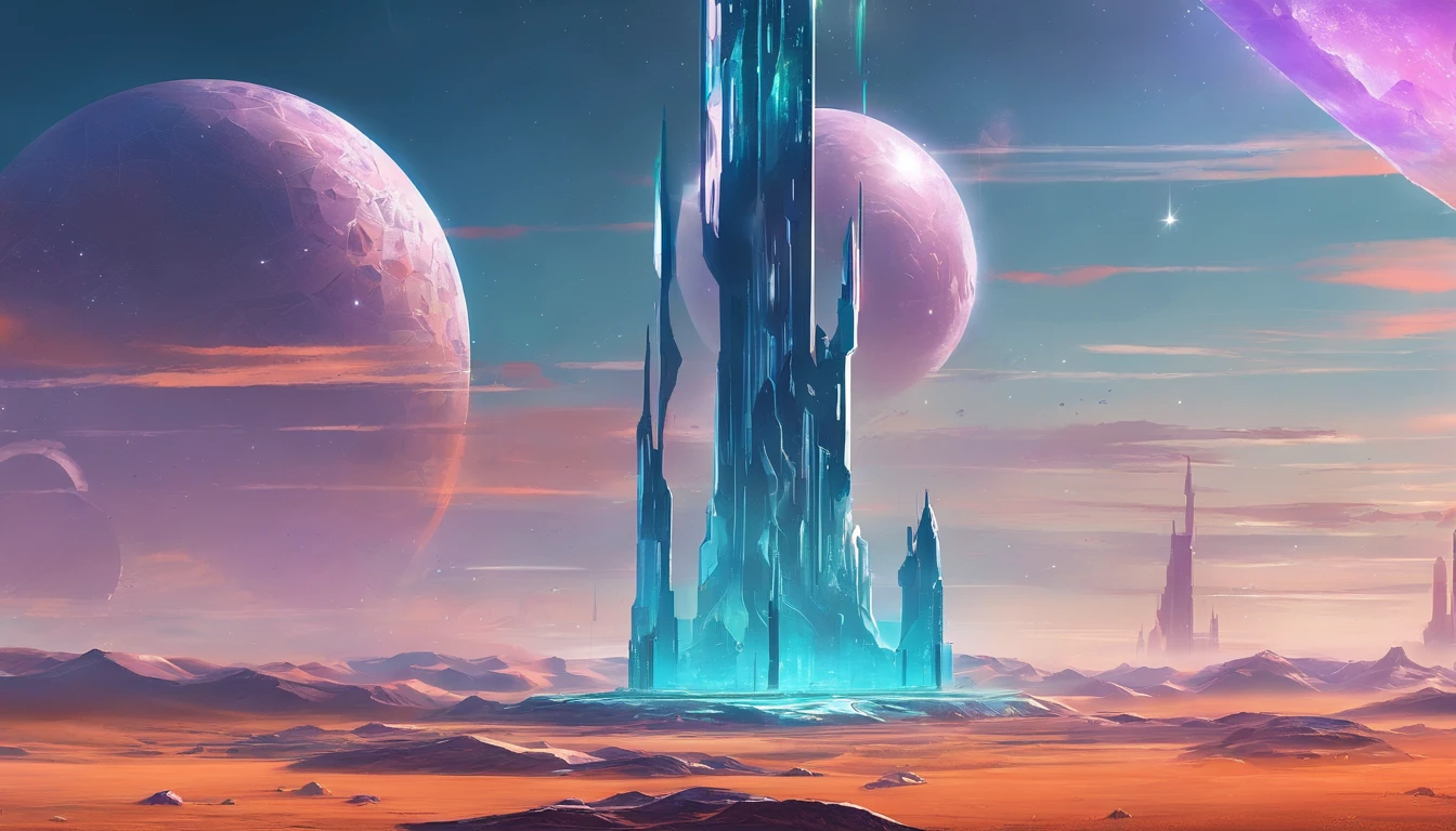 Majestic, huge floating crystals casting a mysterious glow on the vastness of the steppe. The distant silhouette of mountain peaks contrasts with the bright glow of an unknown star, the Earth beneath the crystal is mottled with ancient runes that respond to the magic of the crystal. Emphasis on levitating crystals, Development for concept art, gamedev with high attention to detail, ultra high resolution