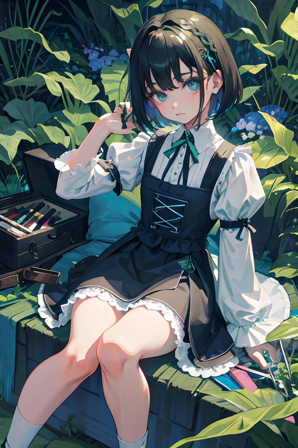 hand between legs,child,(masterpiece,Highest Quality),shortsleeves,Blue-green Gothic Lolita,Sleepy face,A dark-haired,Medium bob,flipped hair,utility knife,Small scissors,forest