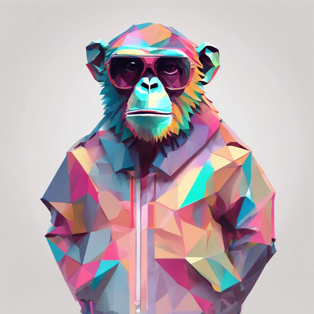 Centragem perfeita, Cute little chimpanzee, wearing a jacket,vasos de cristal,Rosa flor, wearing sunglasses, alegria, Standing position, beleza abstrata, Centrado, looking at the camera, Facing the camera, nearing perfection, Dynamic, altamente detalhado, liso, foco nítido, 8k, high-definition resolution, illustration, arte de Carne Griffiths e Wadim Kashin, fundo branco