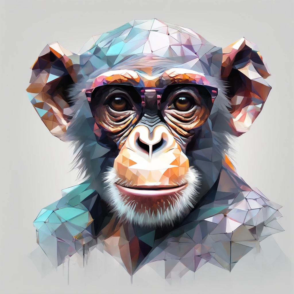 Centragem perfeita, Cute little chimpanzee, wearing a jacket,vasos de cristal,Rosa flor, wearing sunglasses, alegria, Standing position, beleza abstrata, Centrado, looking at the camera, Facing the camera, nearing perfection, Dynamic, altamente detalhado, liso, foco nítido, 8k, high-definition resolution, illustration, arte de Carne Griffiths e Wadim Kashin, fundo branco