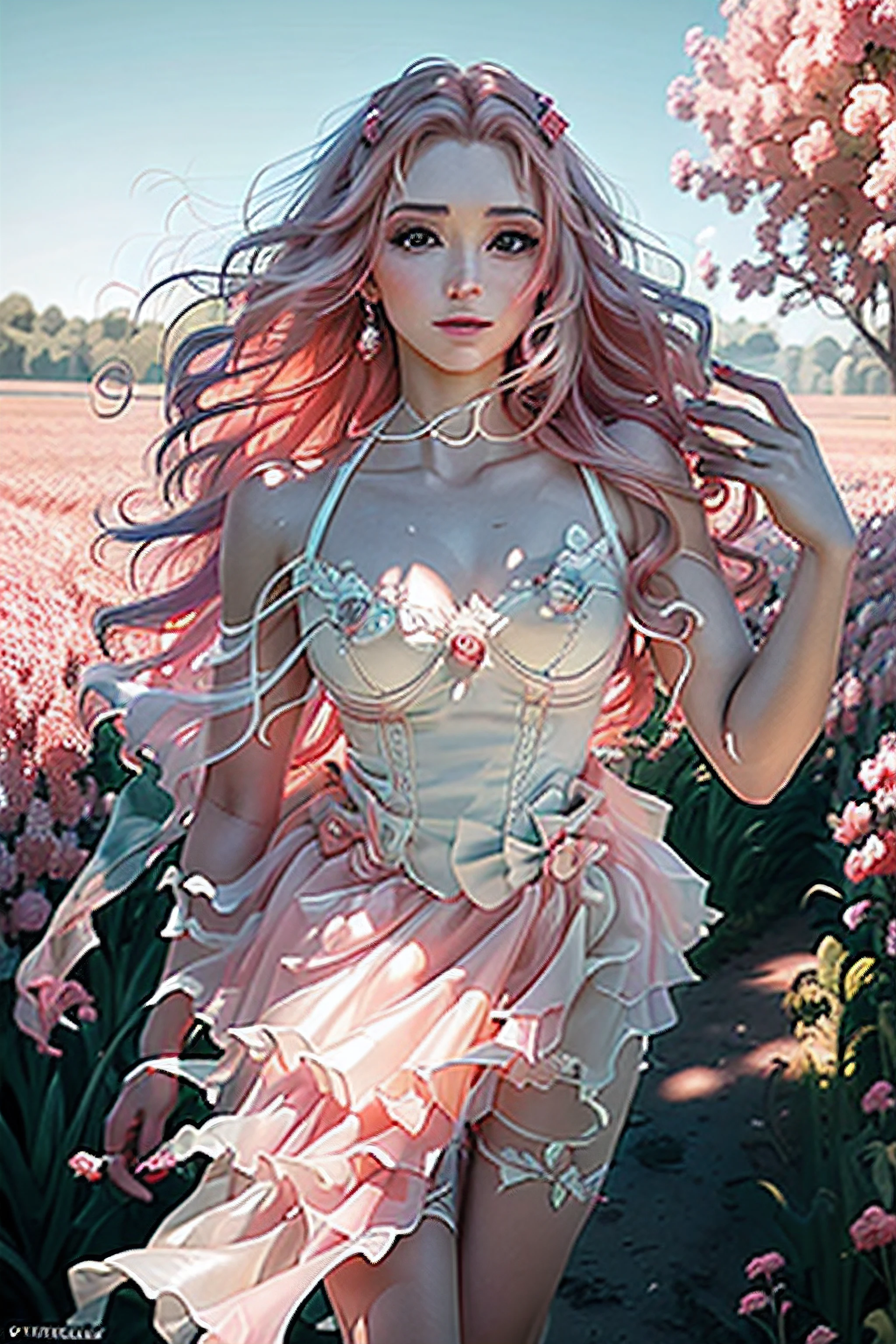 (melhor qualidade,ultra-detalhado,Realistic:1.37),oil painting,Woman standing in a field,long flowing pink hair,olhos verdes,wind blowing through her hair, usando um vestido floral claro,peaceful atmosphere,Luz do sol iluminando a cena,cores naturais,natural lighting,grama detalhada e flor,beleza feminina, romantico, campo, flor, corpo inteiro, grama nos pes, flor, HD, 4K, highes definition,