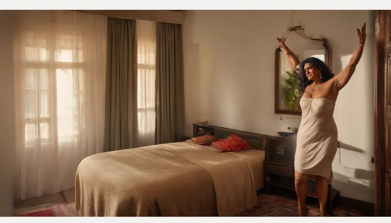 Full body portrait:1.2),(((Sharpen))), hotel room, RAW, 8k, hard light, realistic skin texture, (((photorealism)),  there is a Indian 50 years old naked woman, hairy pussy , huge breasts, she is fifty years old, looking like indian slutty 50 years old aunty,