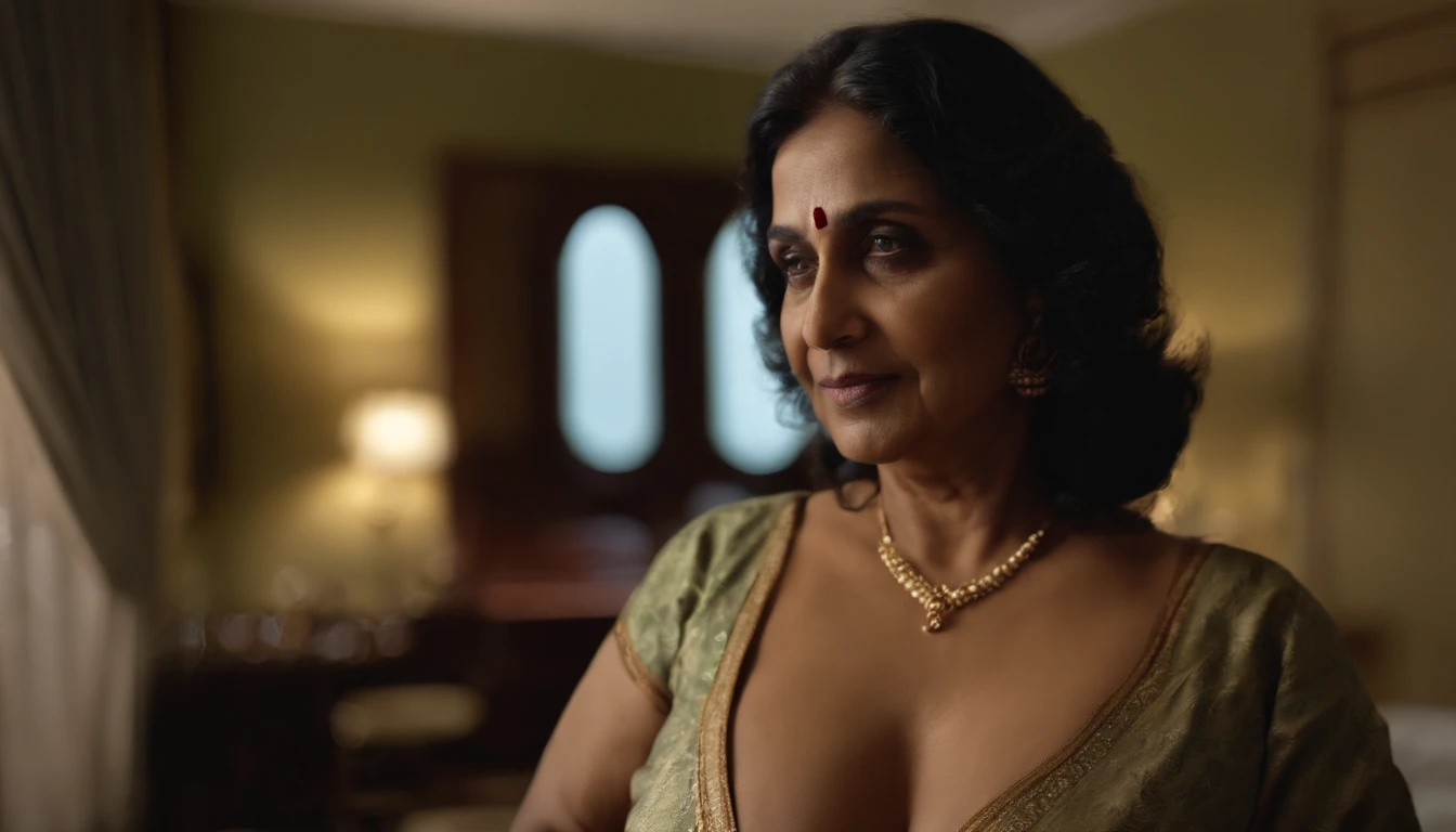 Full body portrait:1.2),(((Sharpen))), hotel room, RAW, 8k, hard light, realistic skin texture, (((photorealism)),  there is a Indian 50 years old naked woman, hairy pussy , huge breasts, she is fifty years old, looking like indian slutty 50 years old aunty,