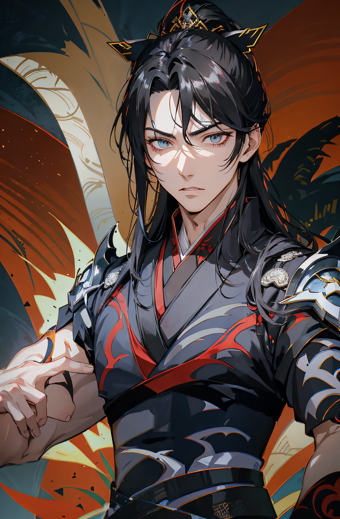 Anime - Stilbild eines Mannes mit schwarzen Haaren und schwarz-rotem Outfit, Rote Augen, Keqing von Genshin Impact, Handsome guy in demon slayer art, Taisho Roman, handsome androgynous prince, Zhongli von Genshin Impact, schwarzhaarige Gottheit, anime gutaussehender mann, zarter androgyner Prinz, Masamune Shiro, heise jinyao, Offizielle Kunst