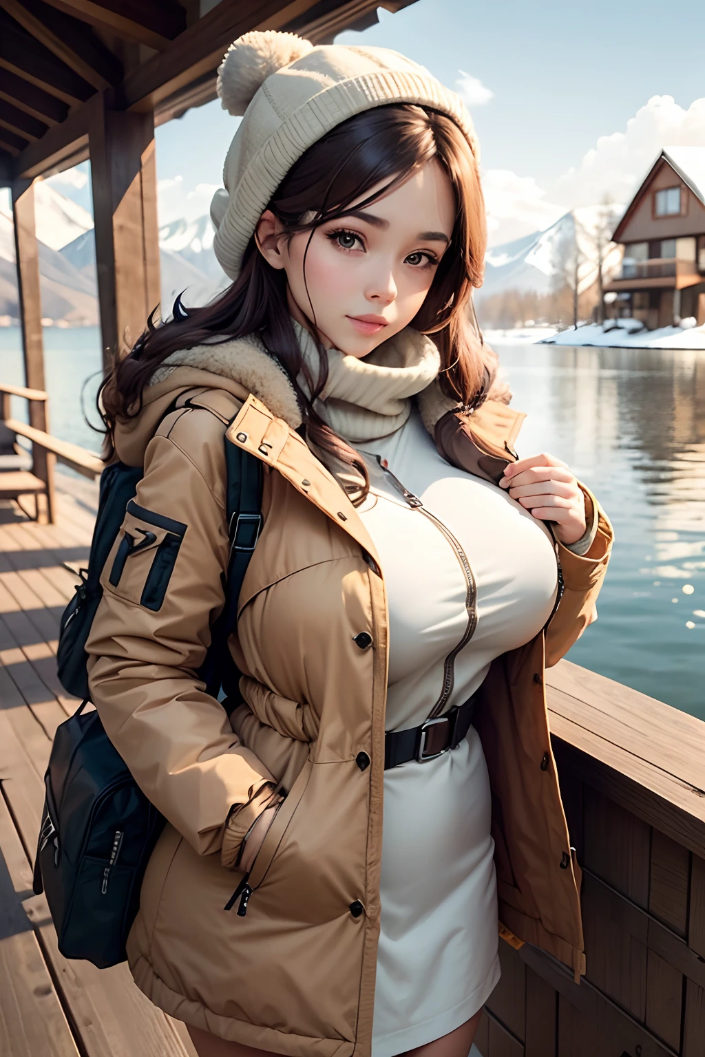 Make a woman with big breast, Brown long winterjacket , with open zipper, with face, body, Lakeside house, travel bag, dog Nude