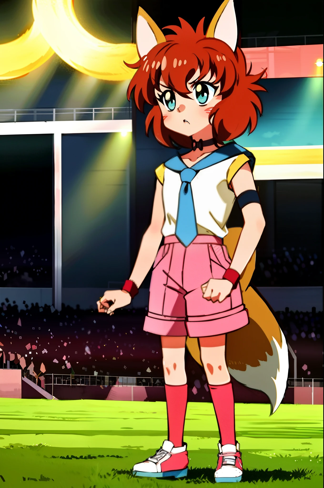 1girl, solo, KotoCzar, (fox ears, small tail, auburn hair, whiskers, whisker markings), (pink shorts, choker, wristband, pink_shorts, black pantyhose, white shirt, yellow shirt collar, blue necktie), (full body, standing, crowd, fighting ring), (masterpiece:1.2), hires, ultra-high resolution, 8K, high quality, (sharp focus:1.2), clean, crisp, cinematic,, medium breast