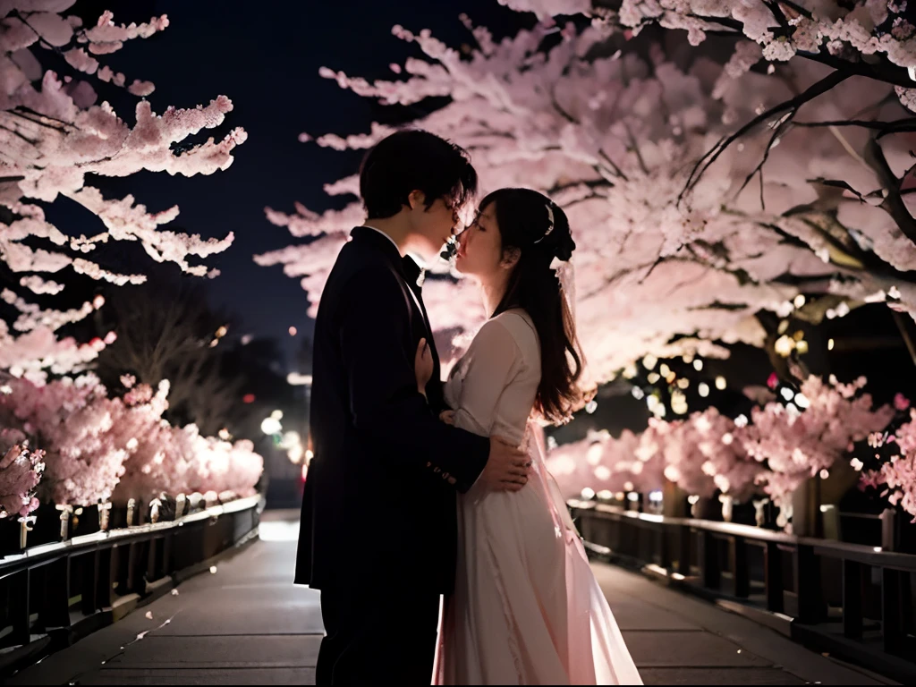 "Create a captivating and hyper-realistic nighttime photograph that depicts a deeply romantic moment as a couple strolls through a serene cherry blossom forest in Japan. The setting should be under the enchanting cover of night, with the silvery moonlight gently illuminating the cherry blossoms. The atmosphere should evoke a sense of tranquility and intimacy as the couple walks hand in hand.

The moonlight should cast soft, ethereal glows on the cherry blossoms, creating an almost magical ambiance. The couple, dressed in traditional Japanese attire, should be portrayed intimately close, their gazes locked in a tender exchange that radiates love and affection. The surroundings should accentuate the romantic mood, with subtle details like fireflies dancing in the air, adding to the dreamlike quality of the scene.

Ensure that the photograph captures every intricate detail, from the delicate folds of the couple's attire to the subtle expressions of their faces. The overall composition should transport the viewer into this enchanting moment, where the night, cherry blossoms, and the couple's connection blend to create a truly romantic and surreal experience."