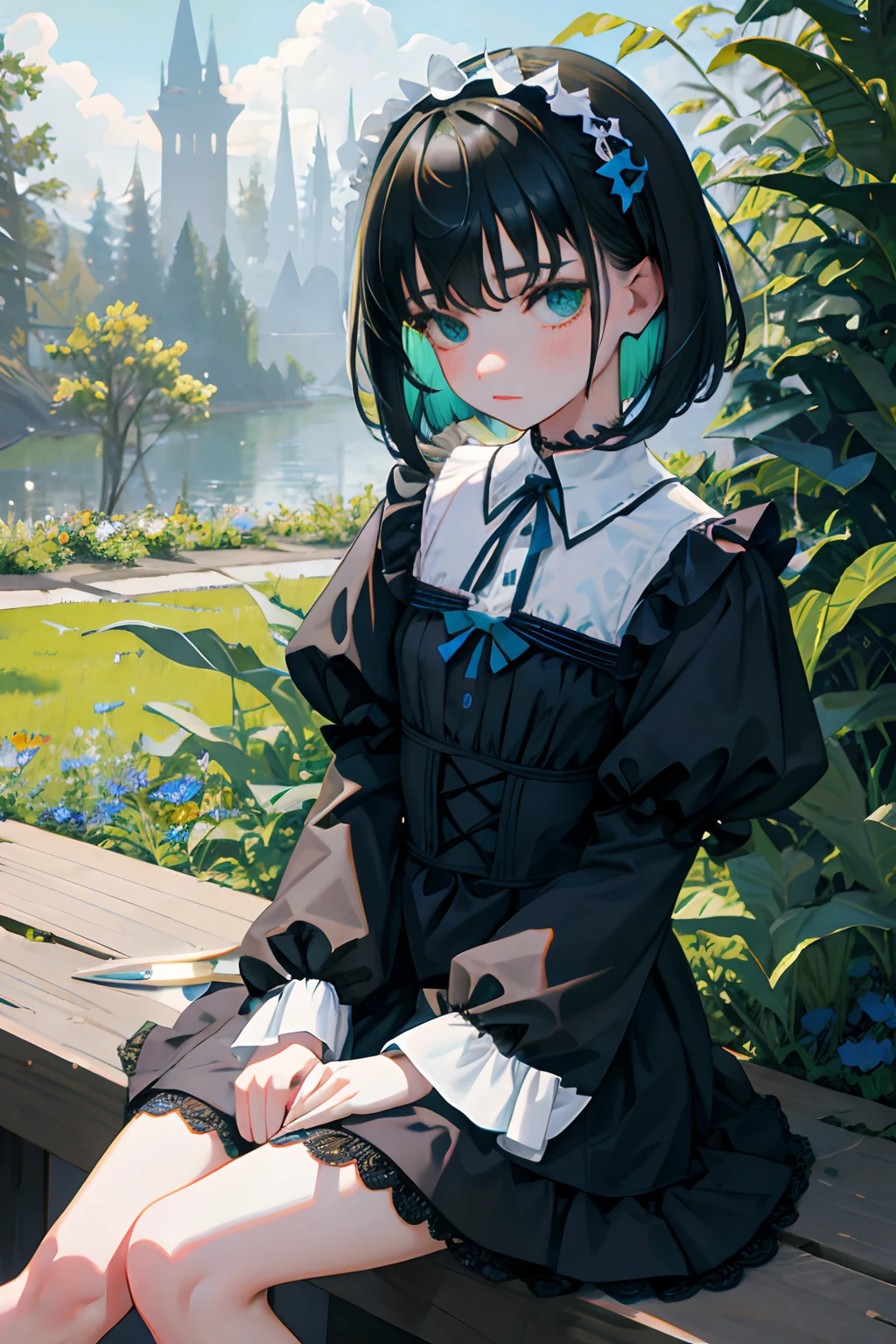 hand between legs,child,(masterpiece,Highest Quality),shortsleeves,Blue-green Gothic Lolita,Sleepy face,A dark-haired,Medium bob,flipped hair,utility knife,Small scissors,forest