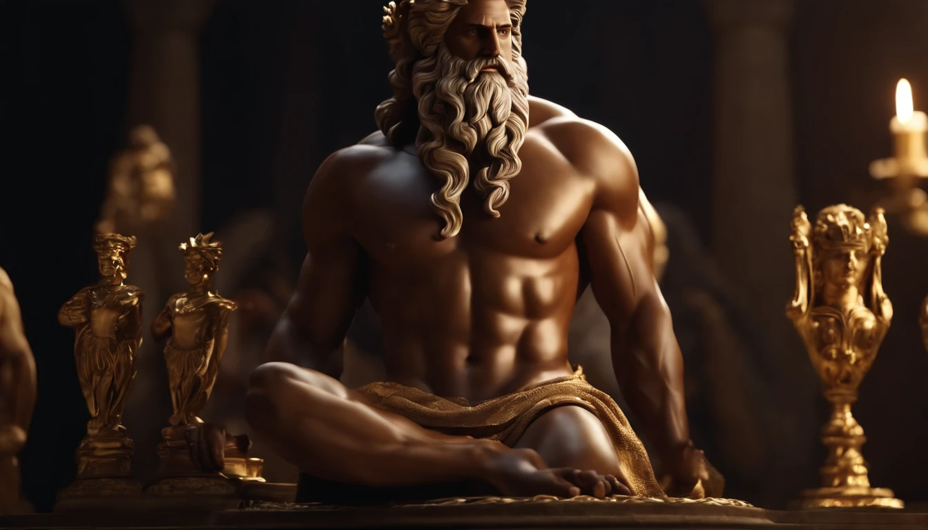 Zeus sovereign of other Greek gods
which is the Greek historical status with
Hercules profile muscles
Cinematic 8k and dark background
