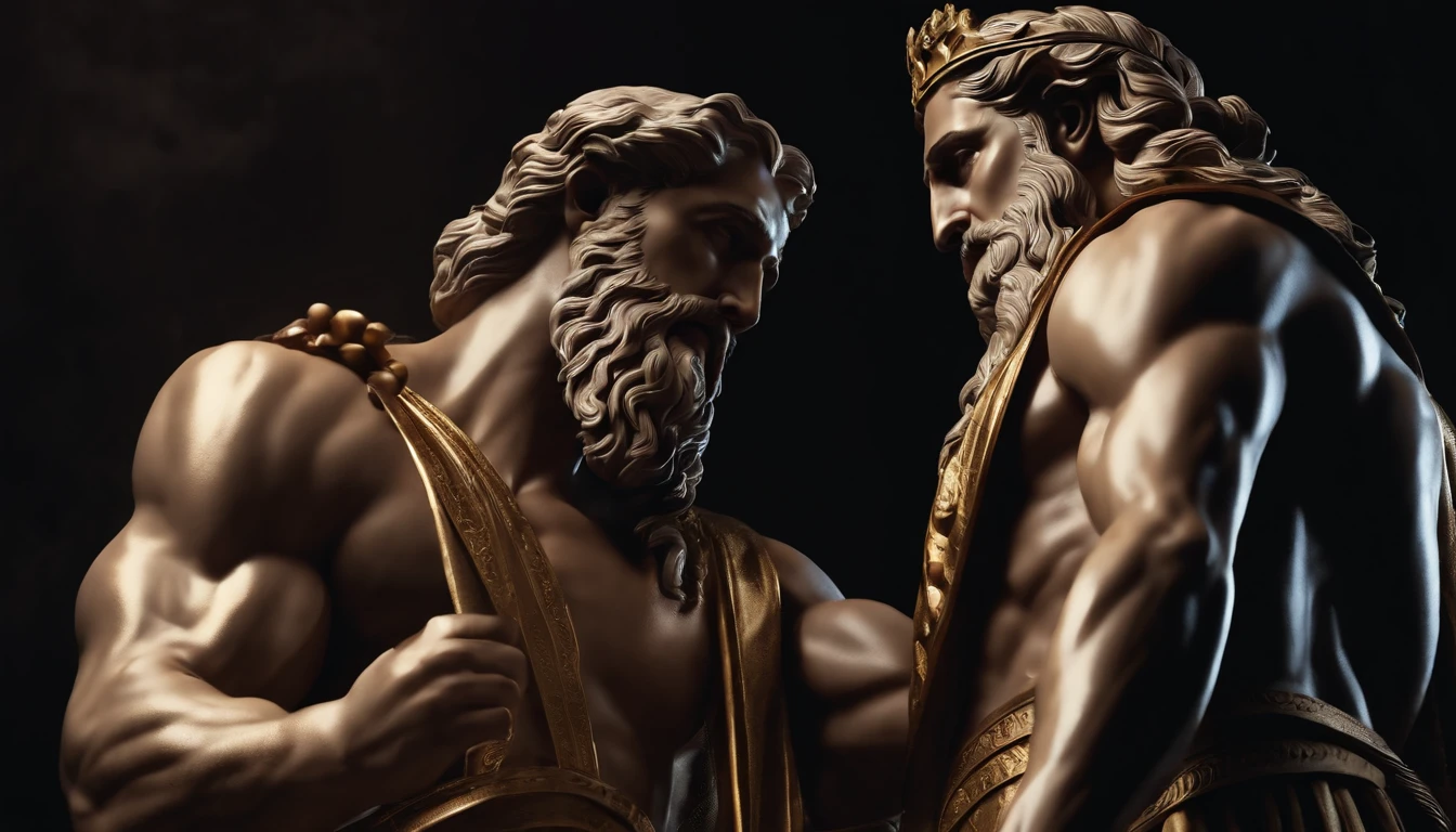 Zeus sovereign of other Greek gods
which is the Greek historical status with
Hercules profile muscles
Cinematic 8k and dark background