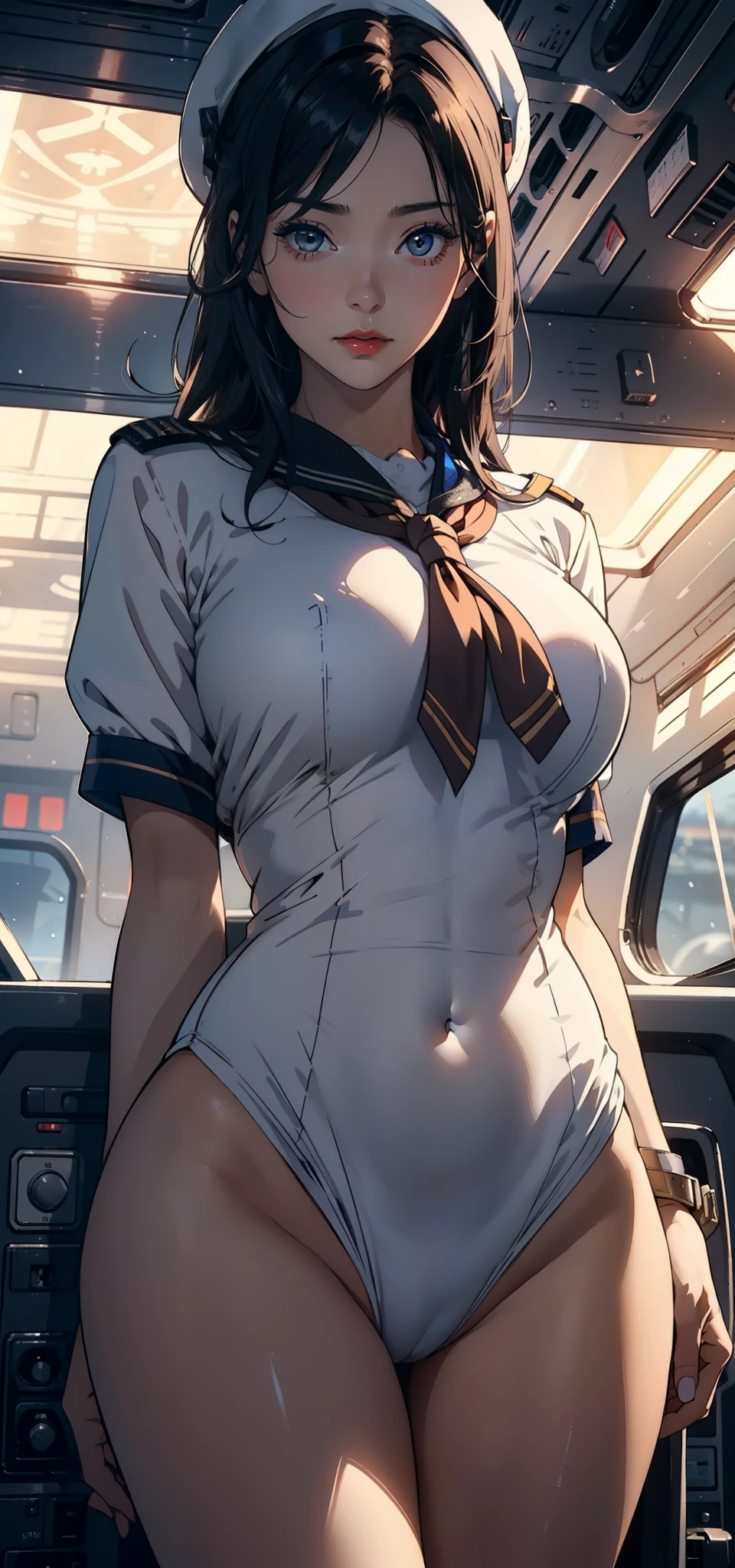 1female，35yo，Married Woman，Bigchest，Bigchest 。Big breasts Thin waist，Cocked buttocks，Beautiful legs solo，（Background with：aerodrome，Planes，inside of a cabin，Pilot's seat）Stand in the pilot's seat of the aircraft ，She has short black hair，bobo head，seen from the front， hair straight，，（（（tmasterpiece），（Very detailed CG unity 8K wallpaper），best qualtiy，cinmatic lighting，detailed back ground，beatiful detailed eyes，Black eyes，Snow-whiteskin，Redlip（Very fine and beautiful），（Beautiful and detailed eye description），ultra - detailed，tmasterpiece，））facing at camera，A high resolution，ultra - detailed），revealing breasts，Bare genitalia， Bare ， Bulge，legs are open，Raised sexy，Camel toes，Flushed complexion，Desire for dissatisfaction，frontage，stewardess，beret（Wearing：a sailor suit）