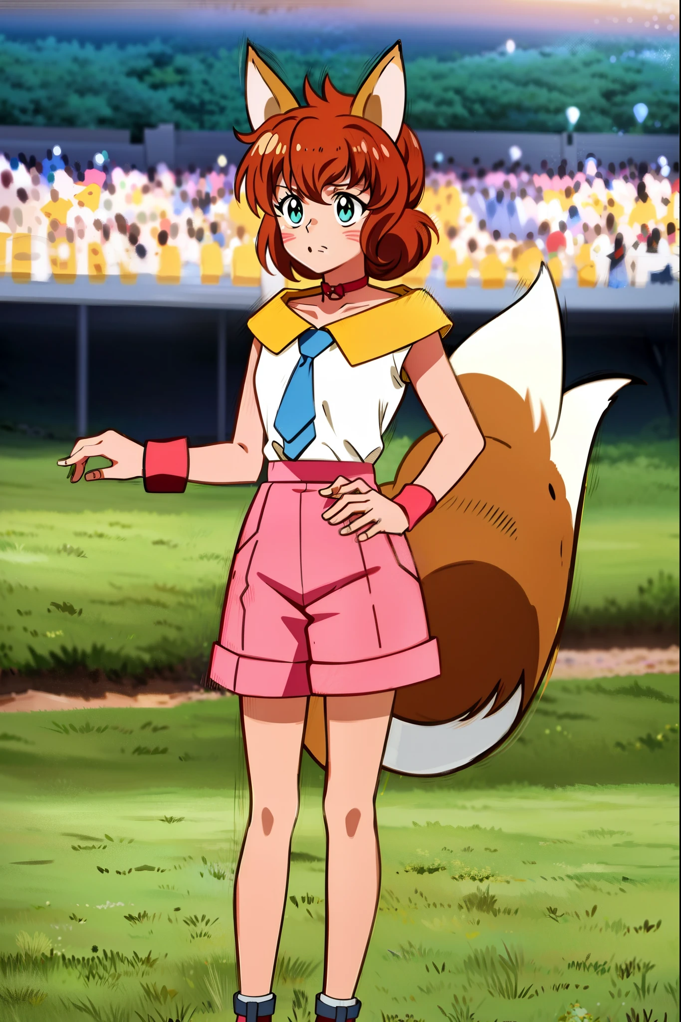 1girl, solo, KotoCzar, (fox ears, small tail, auburn hair, whiskers, whisker markings), (pink shorts, choker, wristband, pink_shorts, black pantyhose, white shirt, yellow shirt collar, blue necktie), (full body, standing, crowd, (masterpiece:1.2), hires, ultra-high resolution, 8K, high quality, (sharp focus:1.2), clean, crisp, cinematic,, medium breast