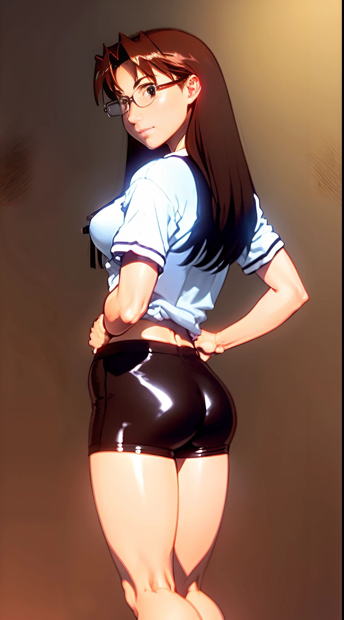 Koyomi Mizuhara, brown hair, long hair, brown eyes, glasses, 90’s gym outfit, medium breasts, biker shorts, pinup, back of view, looking back, standing upright, firm Bubble butt, smirking, wallpaper, NSFW, Pose, pantyline