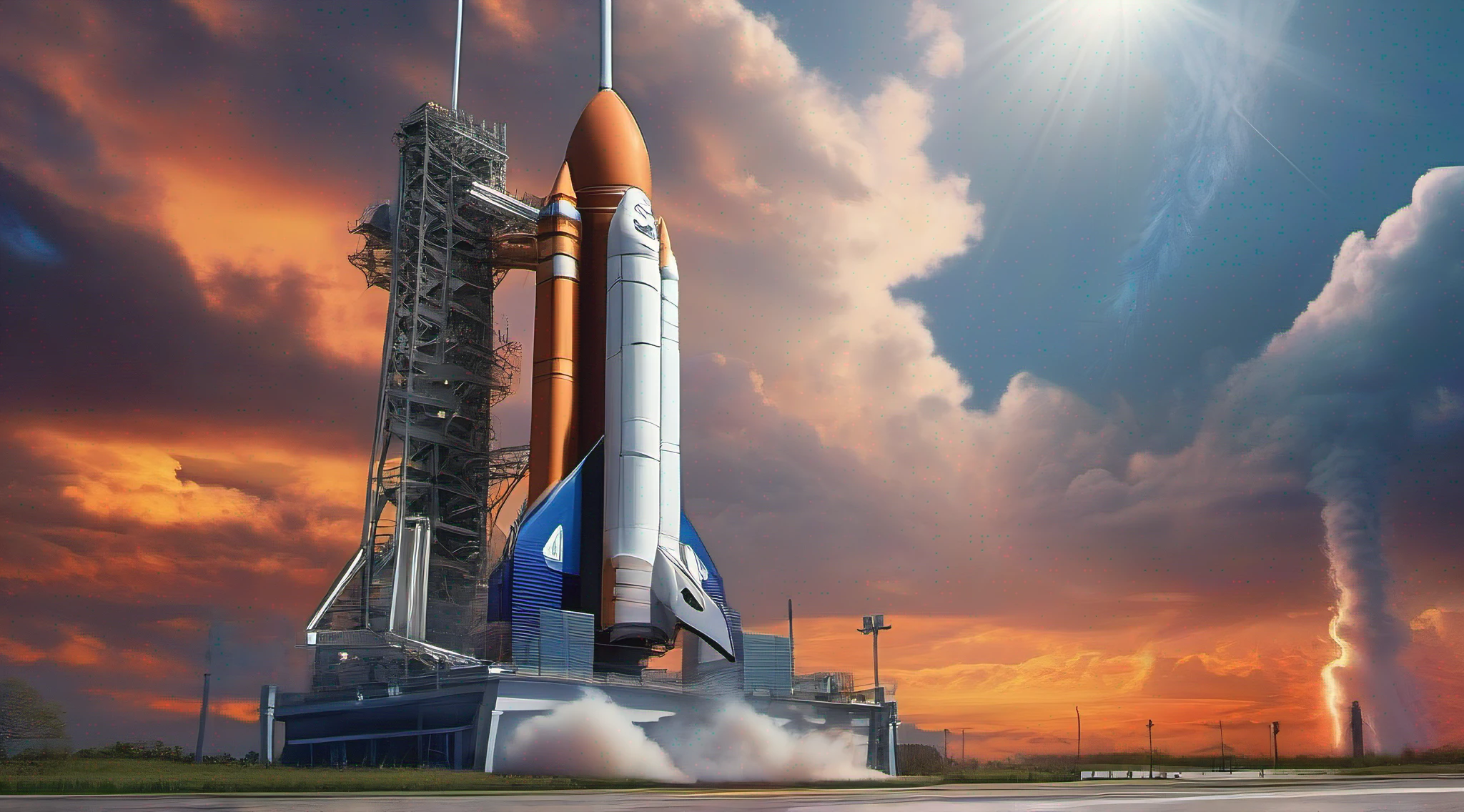 A rocket launching from Cape Canaveral Launch Site, with vibrant flames and clouds of smoke billowing in the sky. The rocket is beautifully detailed, with sleek design and shiny exterior. The launch pad is surrounded by high-tech equipment and structures. The scene is captured with the best quality, providing ultra-detailed and realistic imagery. The lighting is perfectly balanced, showcasing the rocket's power and grace. The artwork is inspired by concept artists and combines the elements of photography and sci-fi. The color palette is vivid and energetic, with a mix of deep blue, fiery orange, and crisp white. The prompt includes tags such as rocket launch, space exploration, technology, futuristic, powerful, dynamic, real-time, high resolution, breathtaking, awe-inspiring, and engineering marvel.