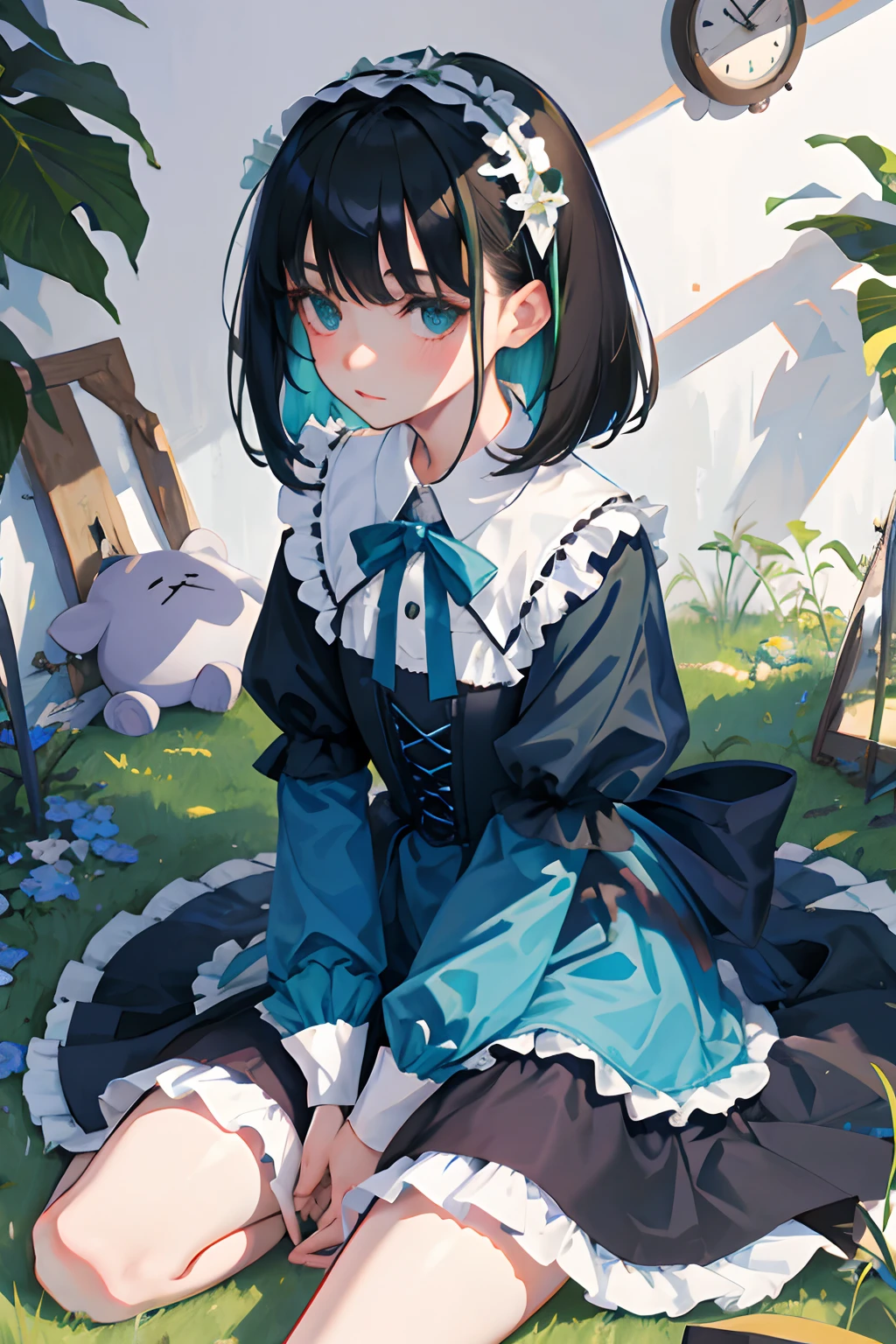 hand between legs，*****，（​masterpiece，Highest Quality），shortsleeves，Blue-green Gothic Lolita，Sleepy face，A dark-haired，Medium bob，flipped hair，utility knife，Small scissors，pasture