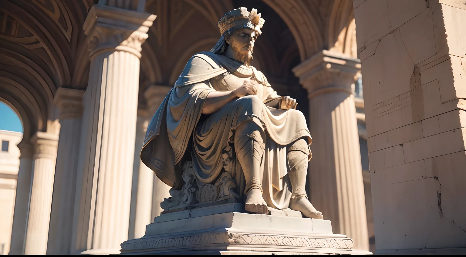 Strong Stoic statue, with an expression of anger, Wearing tunic of the ancient Roman emperor, 35 mm, lateralmente, Filmado em Sony A7S III com Sony FE 35mm f/1.8, 12.1 MP, --AR 3:2 --estilo cru