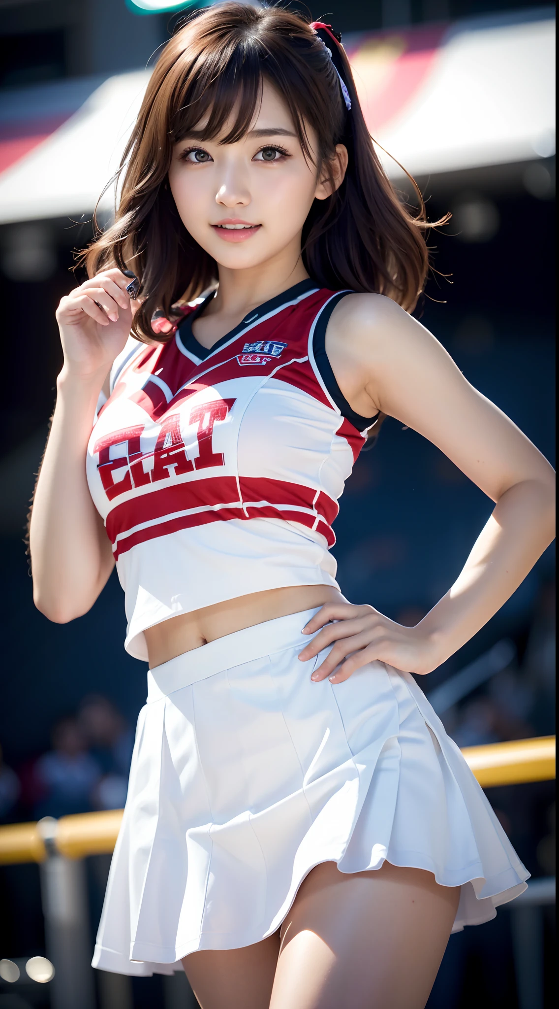 (8K, Raw photo, Best Quality, masutepiece:1.2), (Realistic, Photorealsitic:1.37),1girl in, Professional Lighting, Photon mapping, Radio City, Raw photo、(Photorealsitic:1.4)、Octane number renderin、Complex 3D rendering ultra detail, Studio Soft Light, Rim Lights, vibrant detail, super detailing, realistic skin textures, Detail Face, Beautiful detail eyes, Very detailed CG Unity 16k wallpaper, make - up, (detailedbackground:1.2),Colossal tits、Best Quality, 超A high resolution, masutepiece, 1girl in,Brown-haired hair,(Shorthair), 20yr old,((cheer girl、cheer leading)), cute face、((pleatedskirt))、乃木坂アイドル、韓国アイドル、Japan idle、(sexypose)