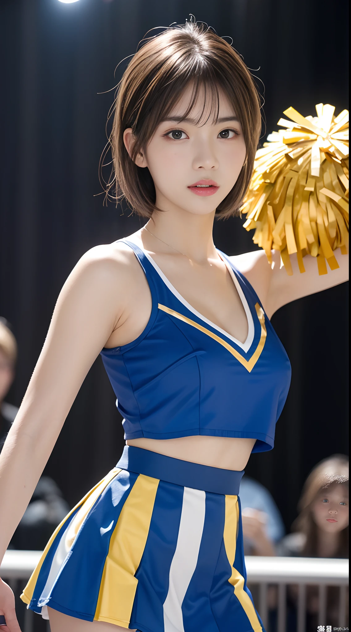 (8K, Raw photo, Best Quality, masutepiece:1.2), (Realistic, Photorealsitic:1.37),1girl in, Professional Lighting, Photon mapping, Radio City, Raw photo、(Photorealsitic:1.4)、Octane number renderin、Complex 3D rendering ultra detail, Studio Soft Light, Rim Lights, vibrant detail, super detailing, realistic skin textures, Detail Face, Beautiful detail eyes, Very detailed CG Unity 16k wallpaper, make - up, (detailedbackground:1.2),Colossal tits、Best Quality, 超A high resolution, masutepiece, 1girl in,Brown-haired hair,(Shorthair), 20yr old,((Colorful Cheergirls、cheer leading)), cute face、((pleatedskirt))、乃木坂アイドル、韓国アイドル、Japan idle、(sexypose)