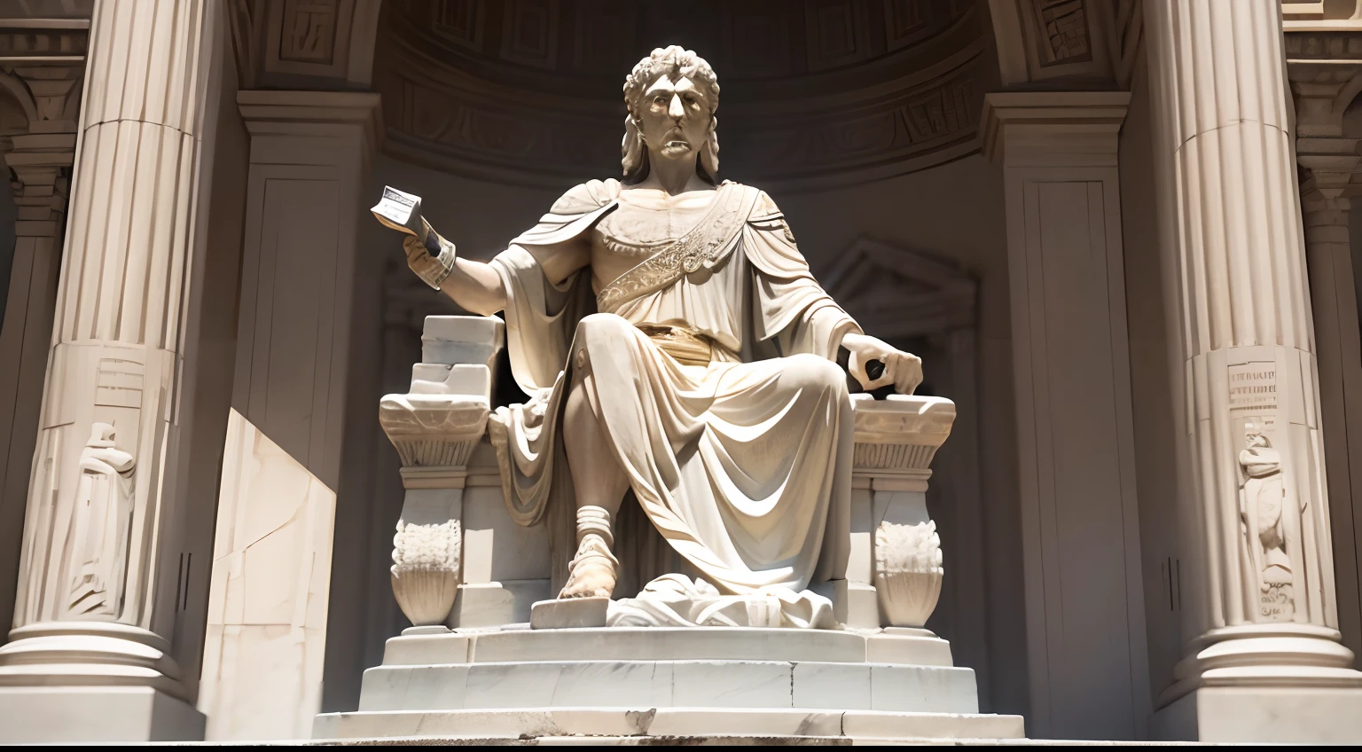 Strong Stoic statue, with an expression of anger, Wearing tunic of the ancient Roman emperor, 35 mm, lateralmente, Filmado em Sony A7S III com Sony FE 35mm f/1.8, 12.1 MP, --AR 3:2 --estilo cru