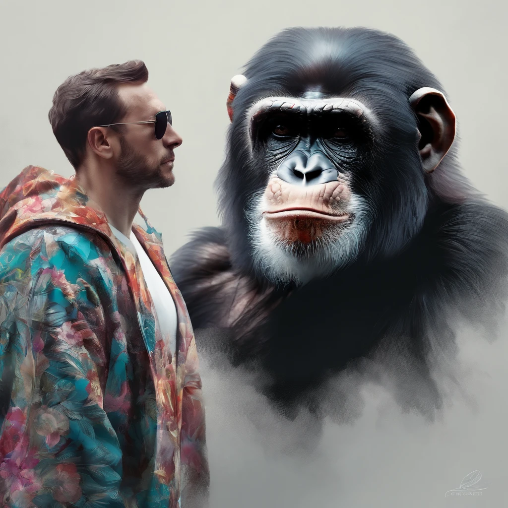 Perfect centralization, chimp, wearing a jacket，vidros de vidro，Rosa da flor, wearing sunglasses, alegria, Standing position, beleza abstrata, Centrado, looking at the camera, Facing the camera, nearing perfection, Dynamic, altamente detalhado, liso, foco nítido, 8k, high-definition resolution, illustration, arte de Carne Griffiths e Wadim Kashin, fundo branco