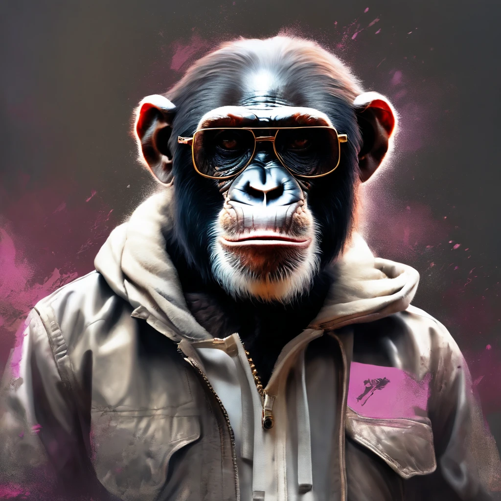 Perfect centralization, chimp, wearing a jacket,vidros de vidro,Rosa da flor, wearing sunglasses, alegria, Standing position, beleza abstrata, Centrado, looking at the camera, Facing the camera, nearing perfection, Dynamic, altamente detalhado, liso, foco nítido, 8k, high-definition resolution, illustration, arte de Carne Griffiths e Wadim Kashin, fundo branco