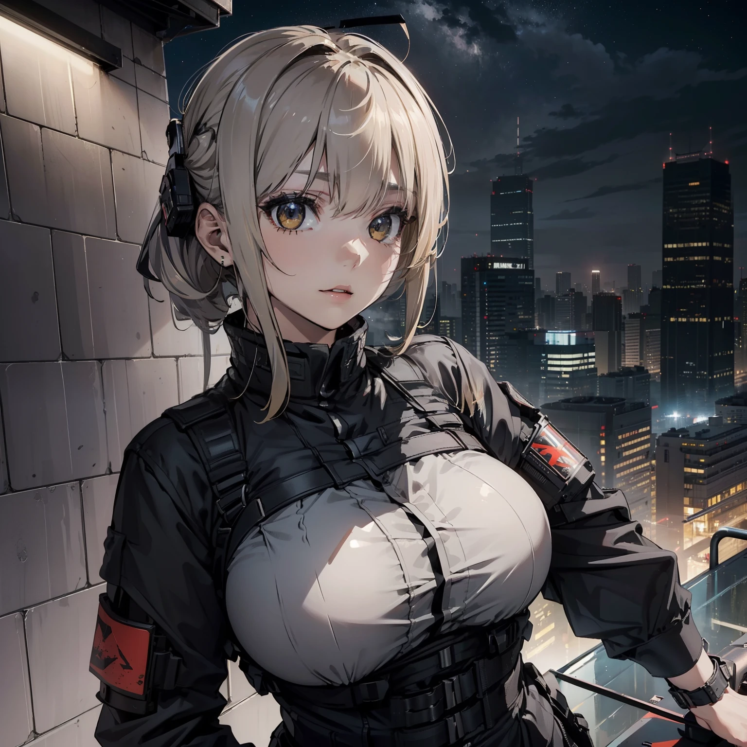 (Trained female soldiers)、((Holding weapons、holding rifle、aim:1.2、fire:1.4、guns、h&K HK416))、1 Women、thick body、(Black combat uniform)、(platinum-blonde-hair:1.2)、((超A high resolution))、Detail Write、masterpiece、top-quality、extremely details CG、8K picture quality、Cinematographic lighting、lensflare、(Skyscraper rooftop at night:1.4)、Hyper-detailing、((Enlarge bust shots:1.4))、Detailed firearm depiction、Rifle with perfect detail、Perfect barrel that does not distort、Fighter in the sky、Military drones