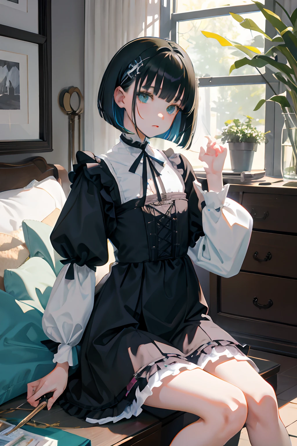 Sit on the floor holding your knees，，（​masterpiece，Highest Quality），shortsleeves，Blue-green Gothic Lolita，Sleepy face，A dark-haired，Medium bob，flipped hair，utility knife，Small scissors，Pasture