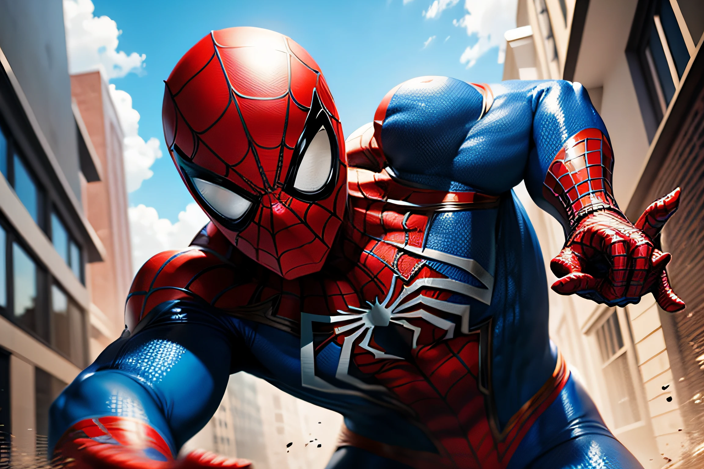 create a spiderman in blue costume fighting