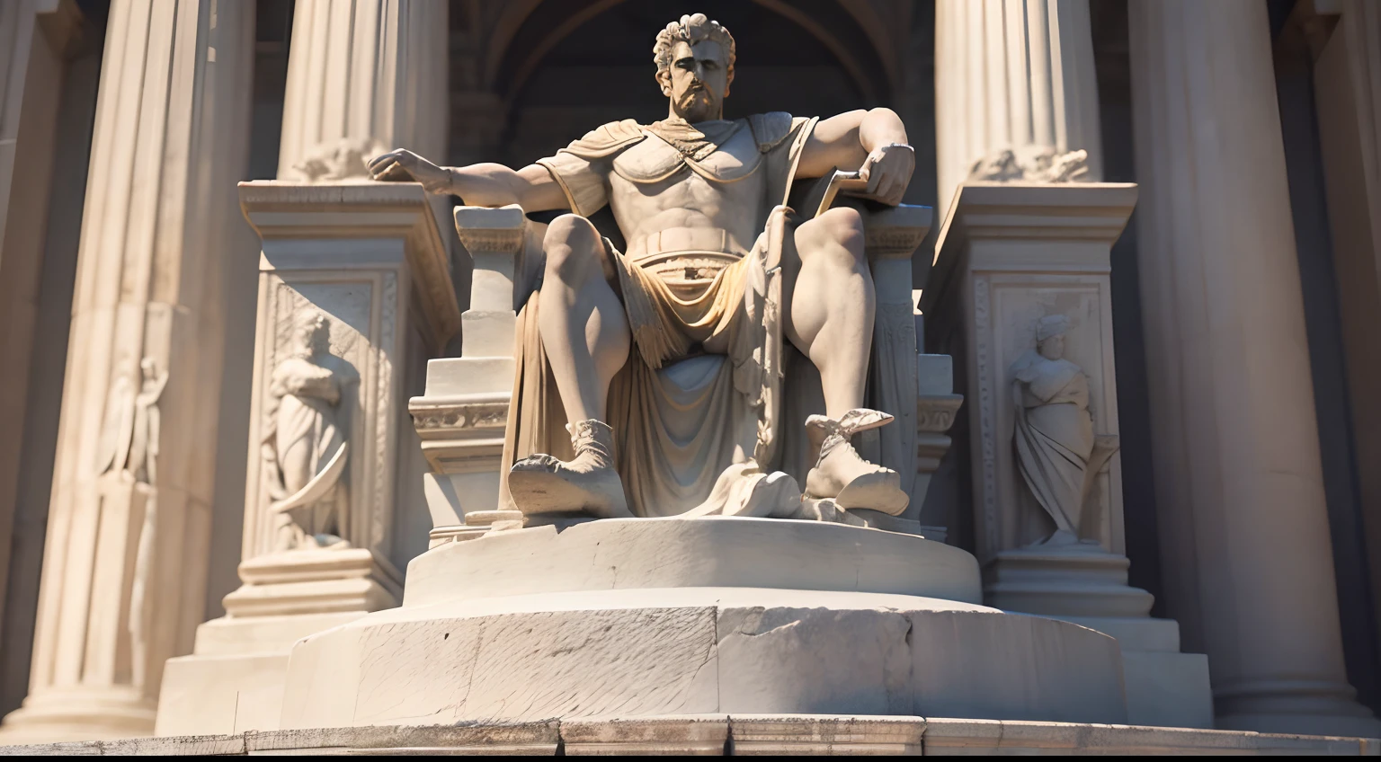 Strong Stoic statue, with an expression of anger, Wearing tunic of the ancient Roman emperor, 35 mm, lateralmente, Filmado em Sony A7S III com Sony FE 35mm f/1.8, 12.1 MP, --AR 3:2 --estilo cru