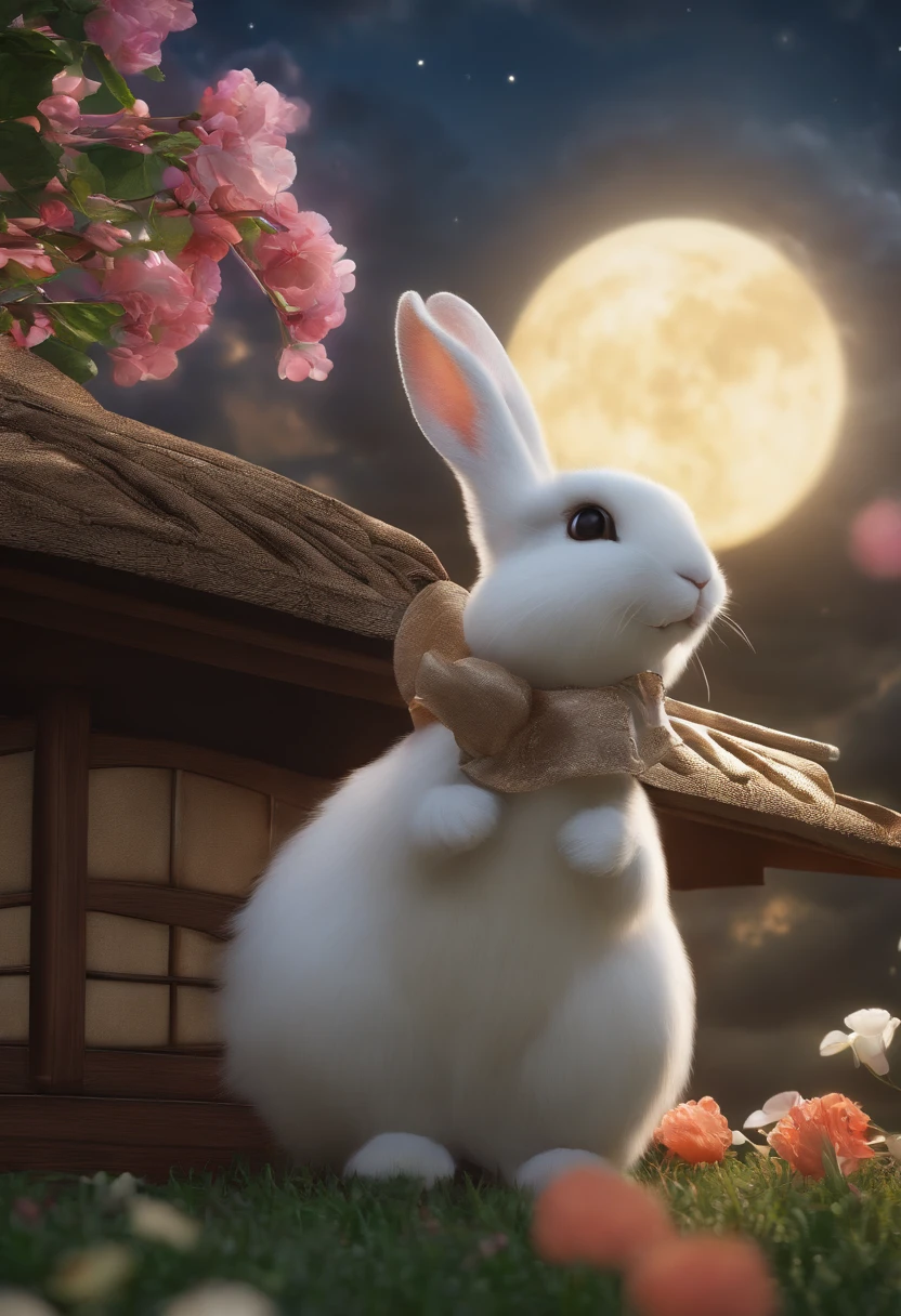 (Best quality,4K,8K,A high resolution,Masterpiece:1.2),Ultra-detailed,Yamazawa, themoon, Clouds, natta,Smart rabbit, Stand on the roof, jewely, Traditional media, fresh flowers, high high quality,