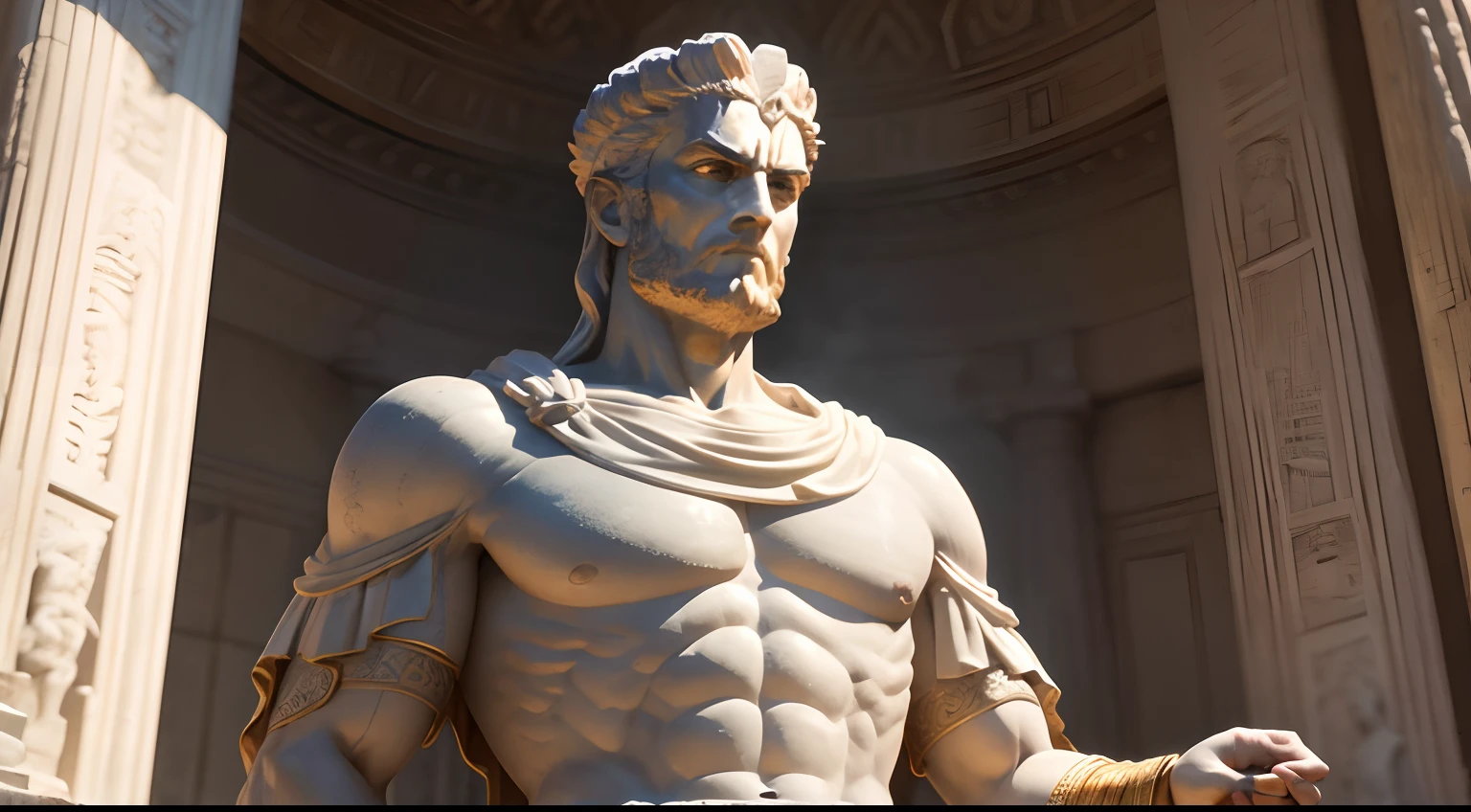 Strong Stoic statue, with an expression of anger, Wearing tunic of the ancient Roman emperor, 35 mm, lateralmente, Filmado em Sony A7S III com Sony FE 35mm f/1.8, 12.1 MP, --AR 3:2 --estilo cru