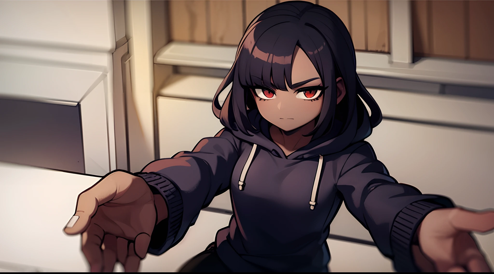 Dark-skinned girl with black wavy hair wearing purple hoodie, black pants