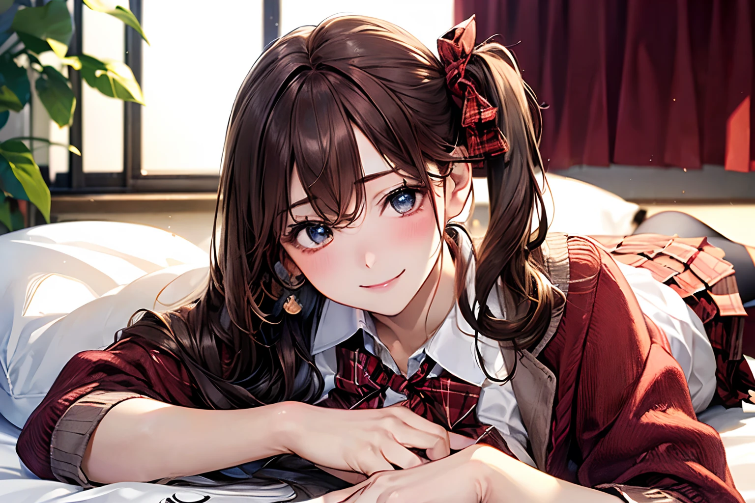 (masterpiece:1.2, top-quality), (realistic, photorealistic:1.4), beautiful illustration, NSFW,
looking at viewer, front view:0.8,
1 girl, ((solo)), japanese, high school girl, light brown hair, (long hair:1.8), (side ponytail:1.7), bangs, hair between eye, blue eyes, large breasts:0.8, (thick thighs),
beautiful hair, beautiful face, beautiful detailed eyes, beautiful clavicle, beautiful body, beautiful chest, beautiful thigh, beautiful legs, beautiful fingers,
(beautiful scenery), dawn, bright and refreshing girl's room, curtains,
((red blazer, pleated mini skirt, white socks, red private school uniform:1.2, light blown cardigan, red plaid pleated skirt, red plaid bow tie, red plaid hair ribbon)), pink panties,
(swollen), ((seductive posture: 1.2, attractiveness: 1.2)),
(erotic, sexy, upper eyes, smile), shiny skin,
perfect face, cute and symmetrical face, natural side lighting, movie lighting),
((lie on one's stomach, sleeping)),