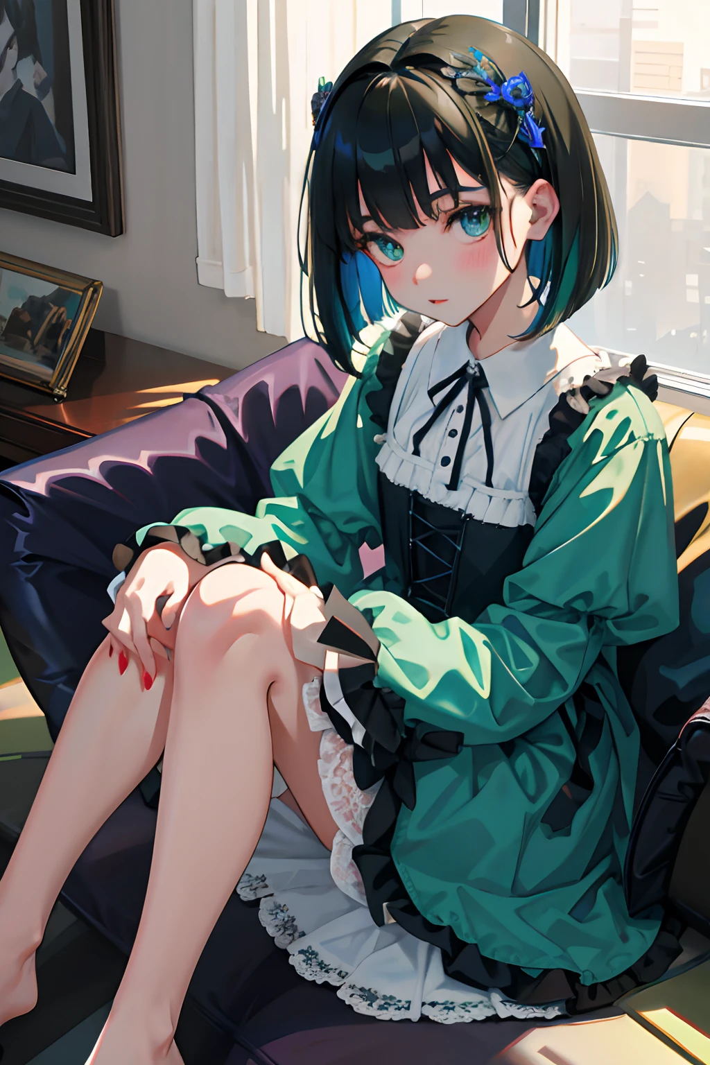 Holding your knees,sitting down on the floor,,(masterpiece,Highest Quality),Blue-green Gothic Lolita,A dark-haired,Medium bob