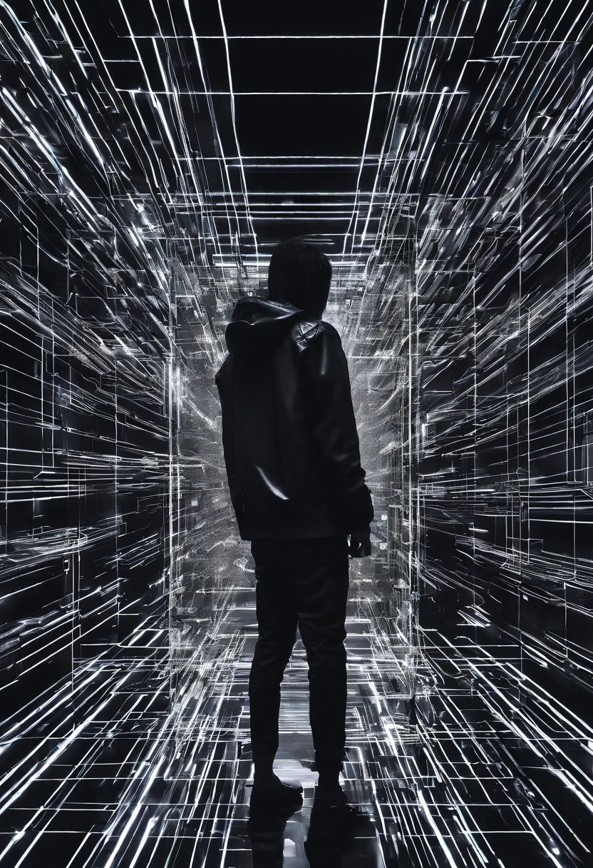 a black and white photo of a person in a room with a mirror, digital art inspired by Ryoji Ikeda, unsplash, video art, 4 k symmetrical portrait, 4k symmetrical portrait, pixelated art, projection mapping, refik anadol, digital sculpture, recursive portrait, peter saville, holly herndon origami statue, analog glitch art